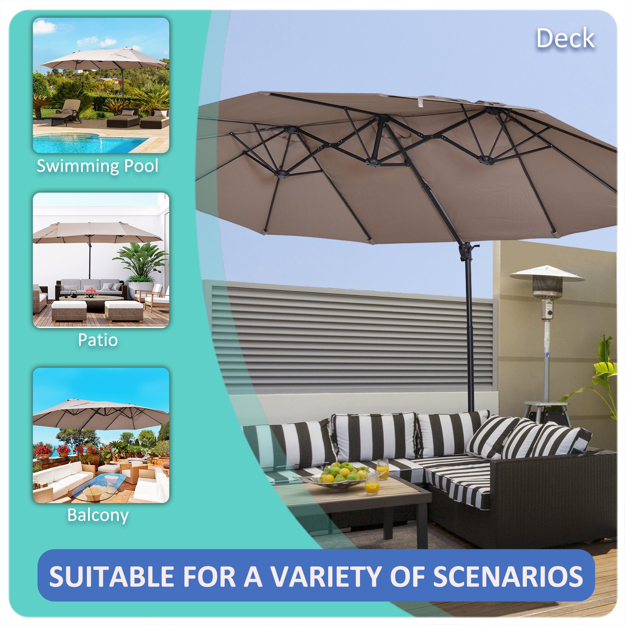14.4 ft Double-Sided Offset Patio Umbrella with Crank Lift – Outdoor Cantilever Sun Shade for Patio, Deck, Garden, or Pool