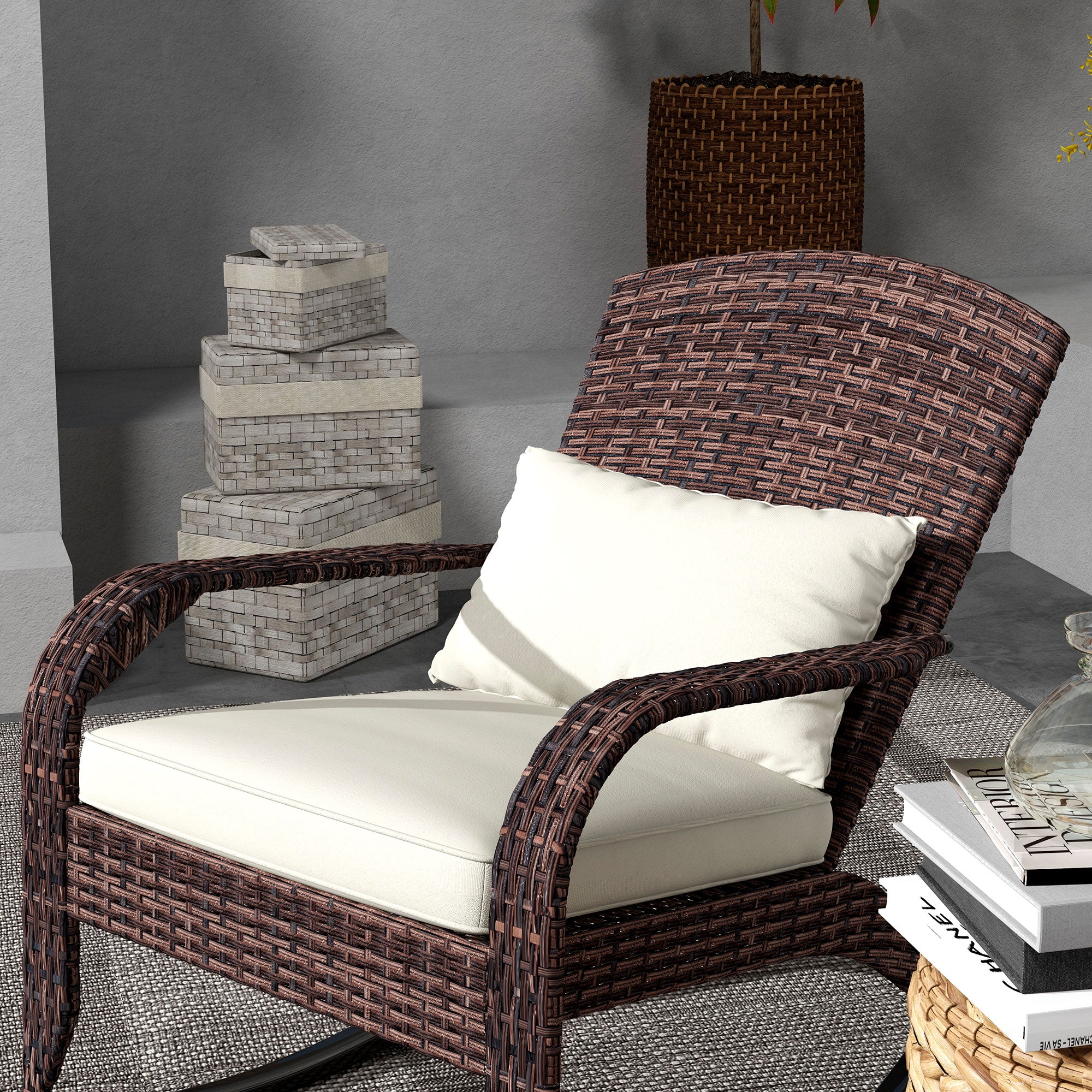 PE Rattan Adirondack Rocking Chair – Handwoven Wicker Style with Cushions