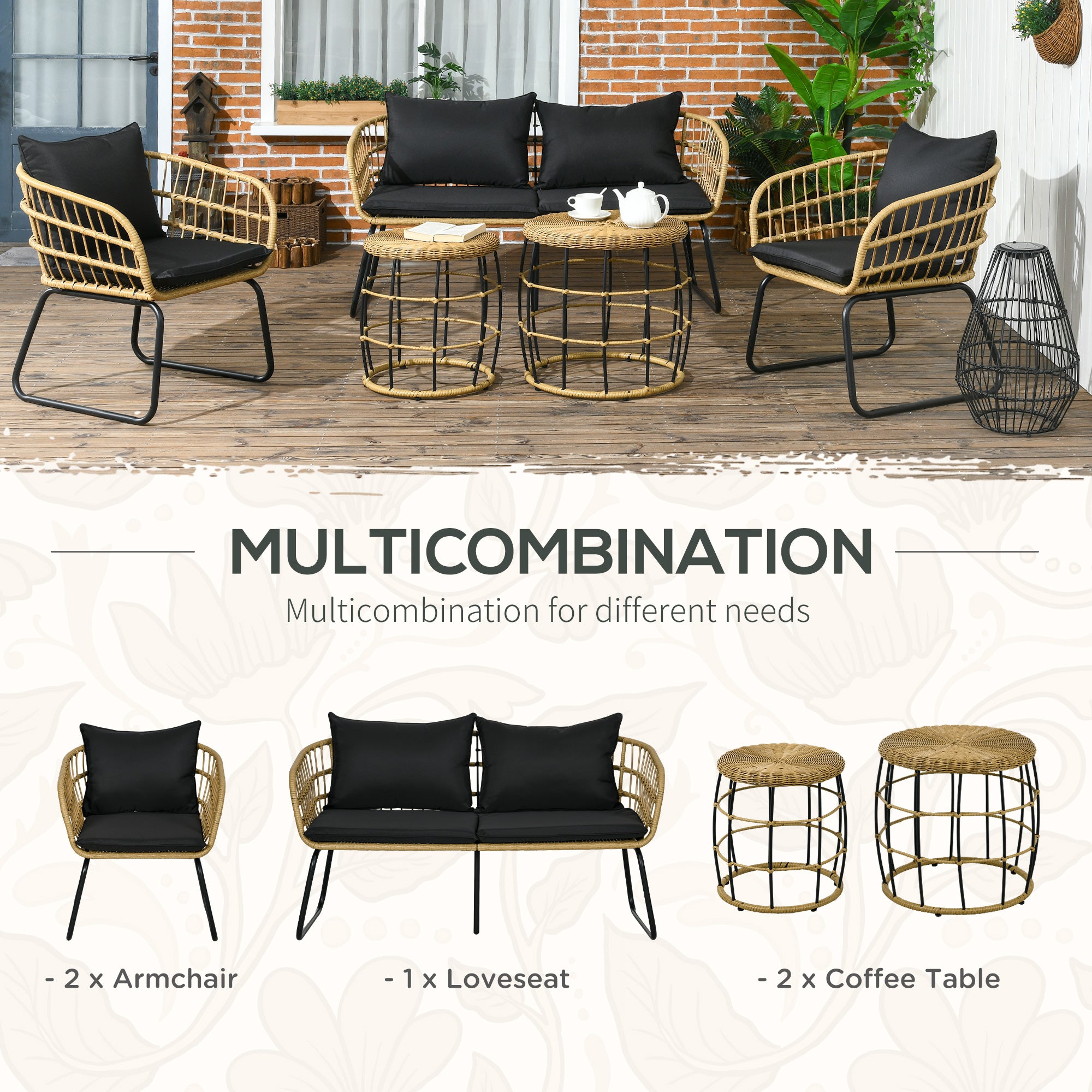 5-Piece Wicker Outdoor Patio Furniture Set with Loveseat, Chairs & Nesting Tables