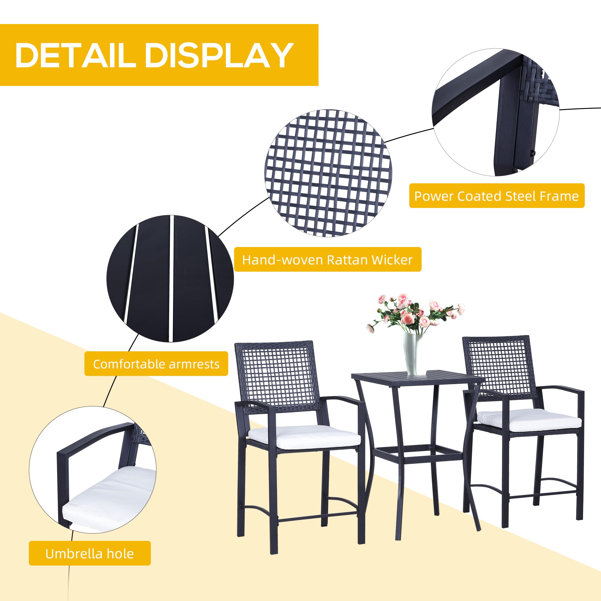 3-Piece Bar-Height Patio Furniture Set with PE Rattan & Cushioned Stools