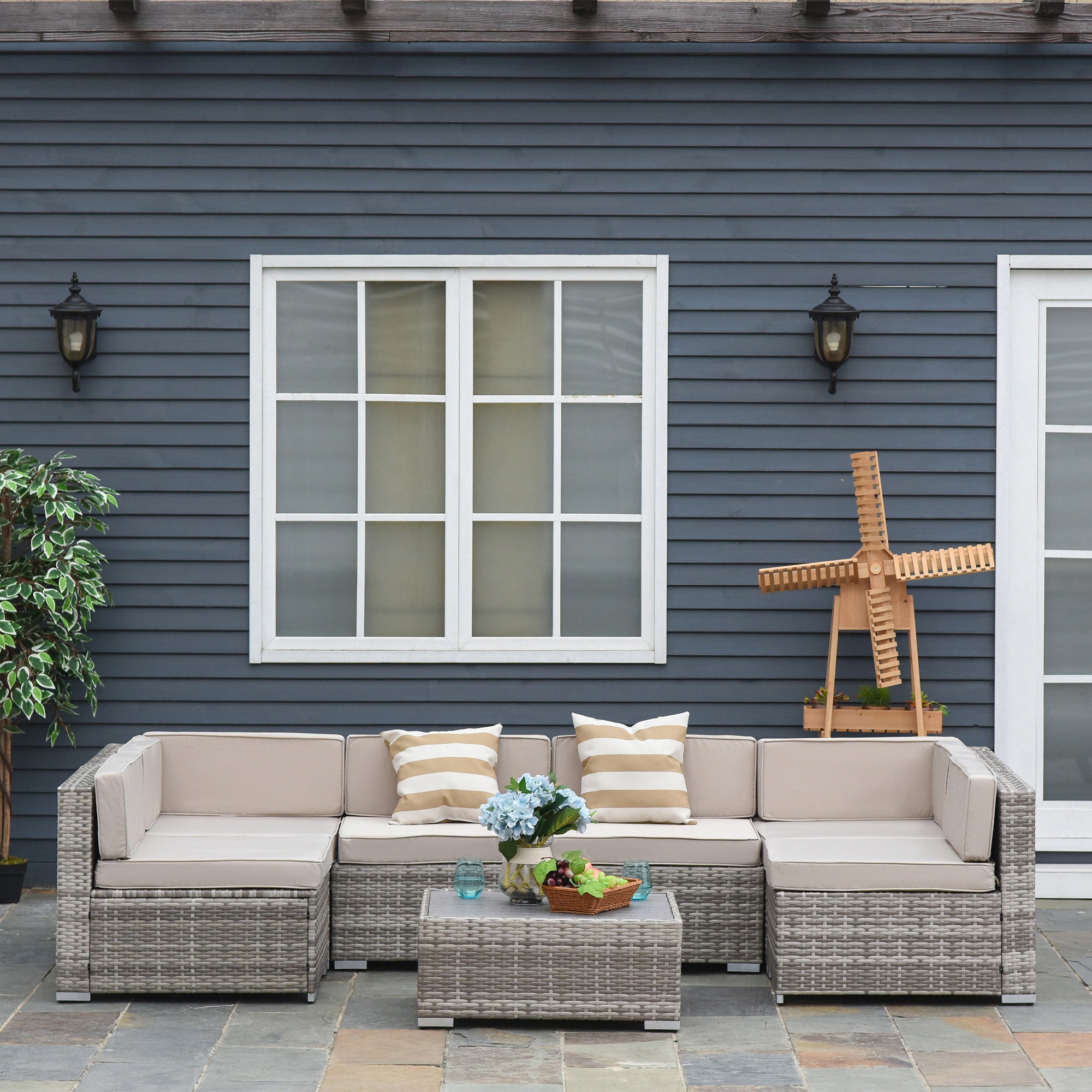 7-Piece Rattan Outdoor Sectional Sofa Set – Modular Patio Seating with Cushions & Glass Coffee Table