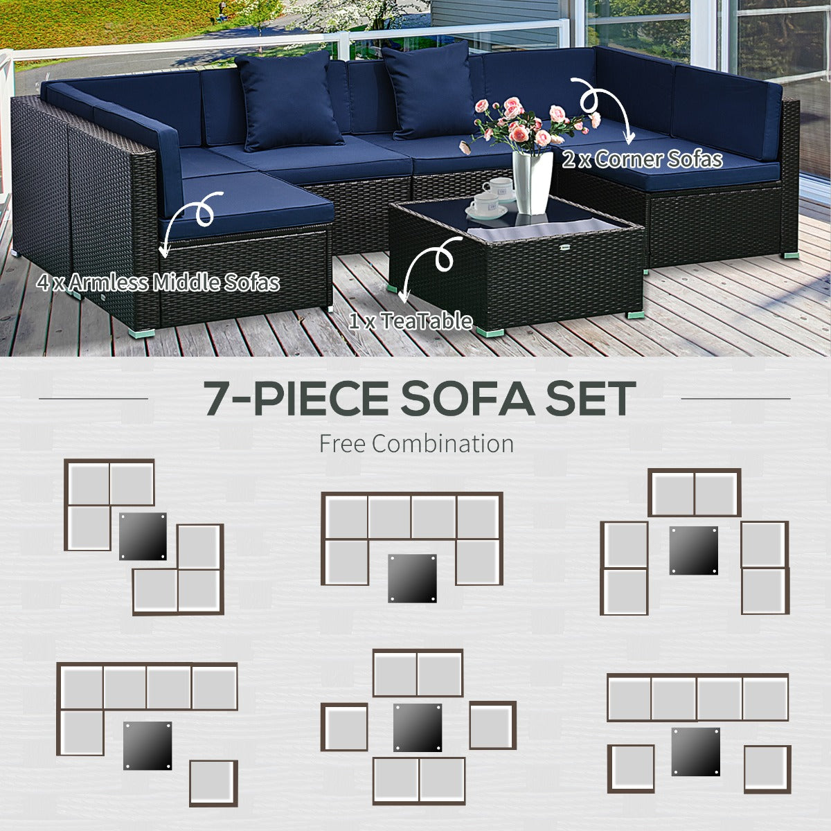 7-Piece Rattan Outdoor Sectional Sofa Set – Modular Patio Seating with Cushions & Glass Coffee Table
