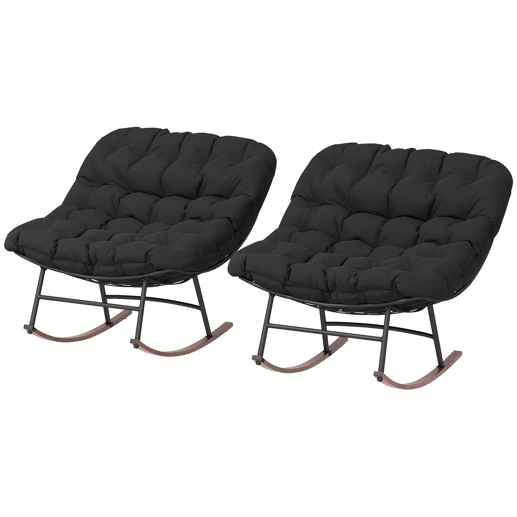 2-Piece Modern Outdoor Papasan Rocking Chair Set with Cushions – Steel Frame with Woodgrain Finish