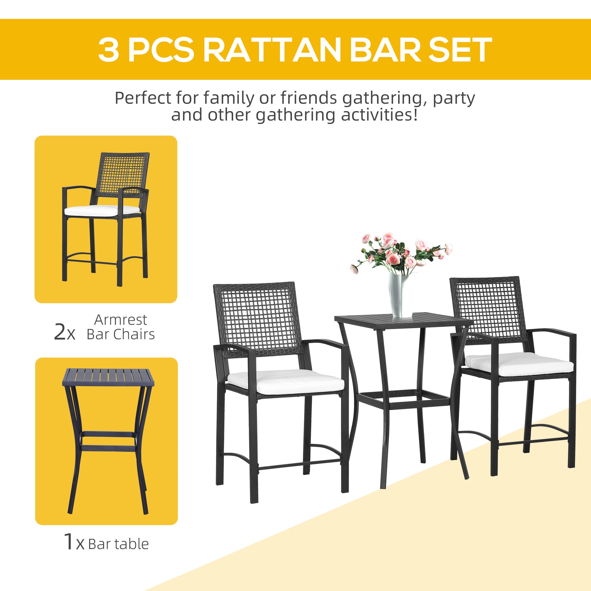 3-Piece Bar-Height Patio Furniture Set with PE Rattan & Cushioned Stools
