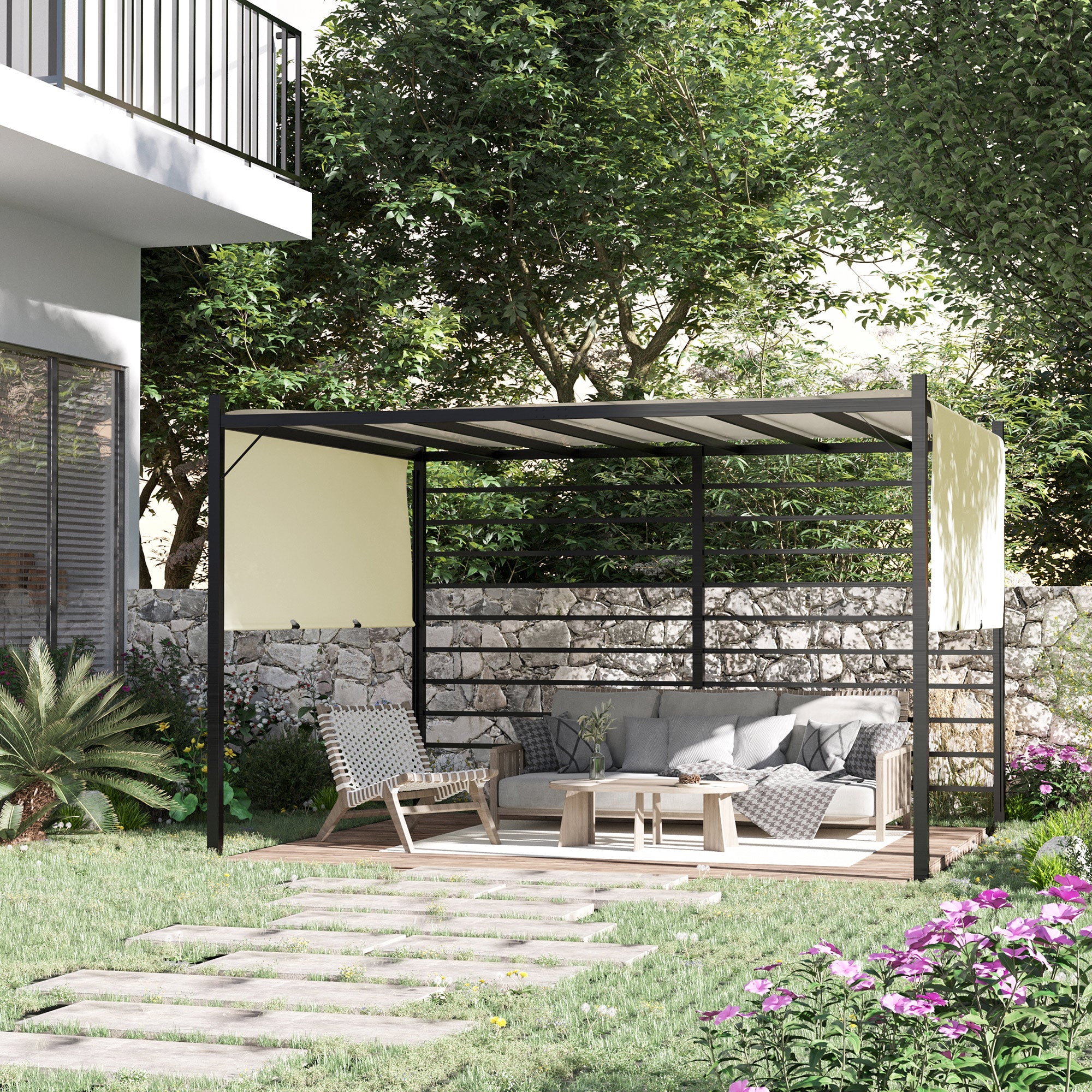 10' x 12' Adjustable Patio Pergola Gazebo with Retractable Side Canopy