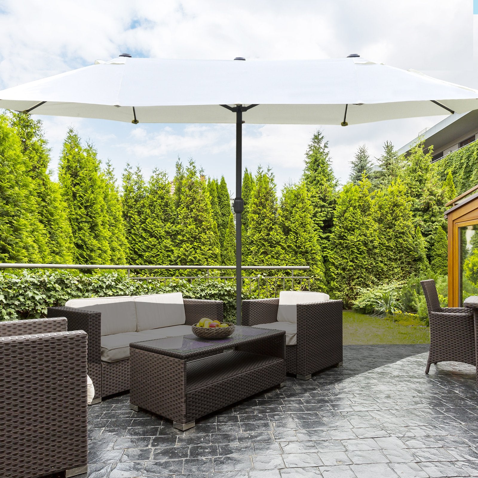 15 ft Extra-Large Double-Sided Patio Umbrella with Cross Base – UV-Resistant Outdoor Market Umbrella with Crank