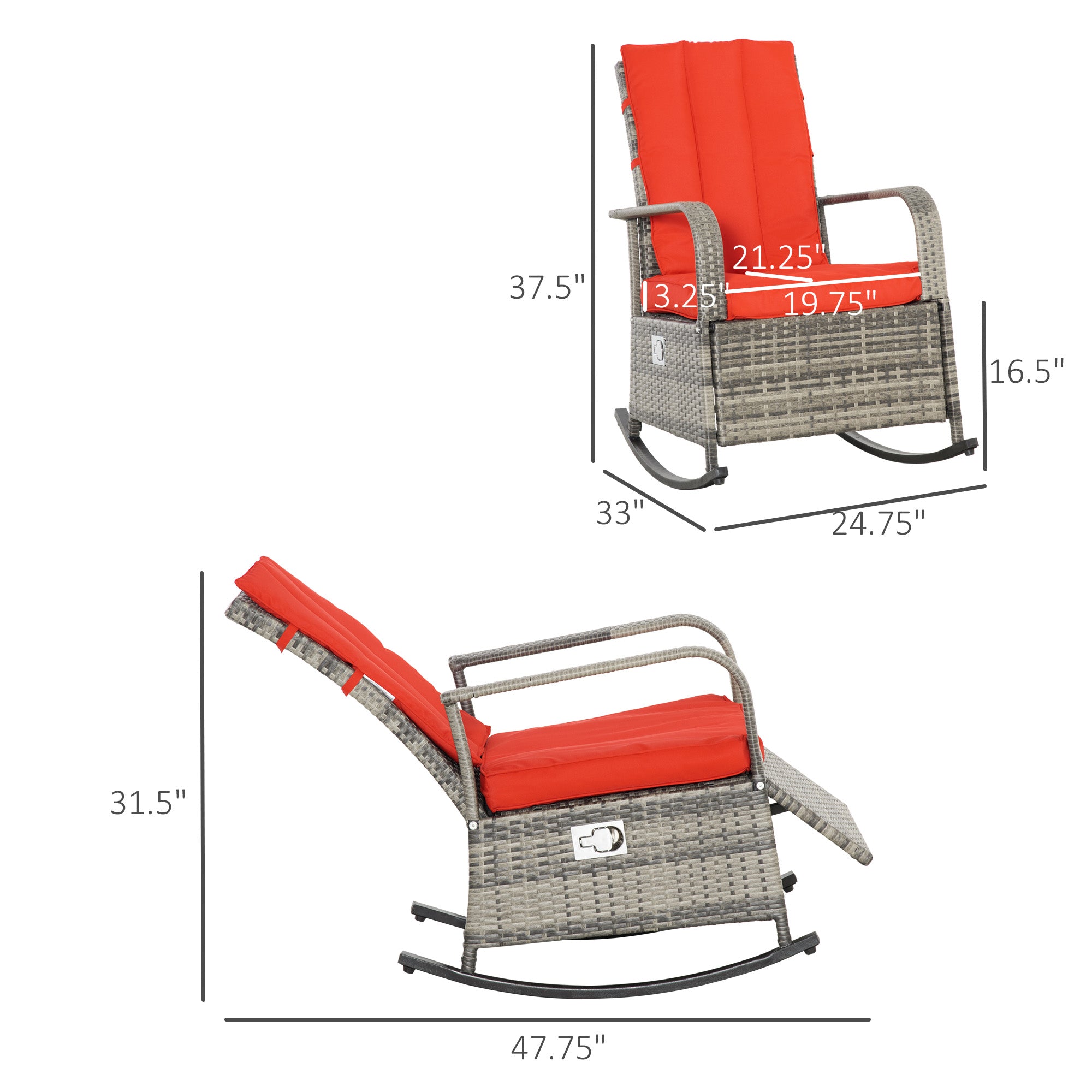 Outdoor Reclining Rattan Rocking Chair with Cushions – Adjustable Footrest, All-Weather PE Wicker