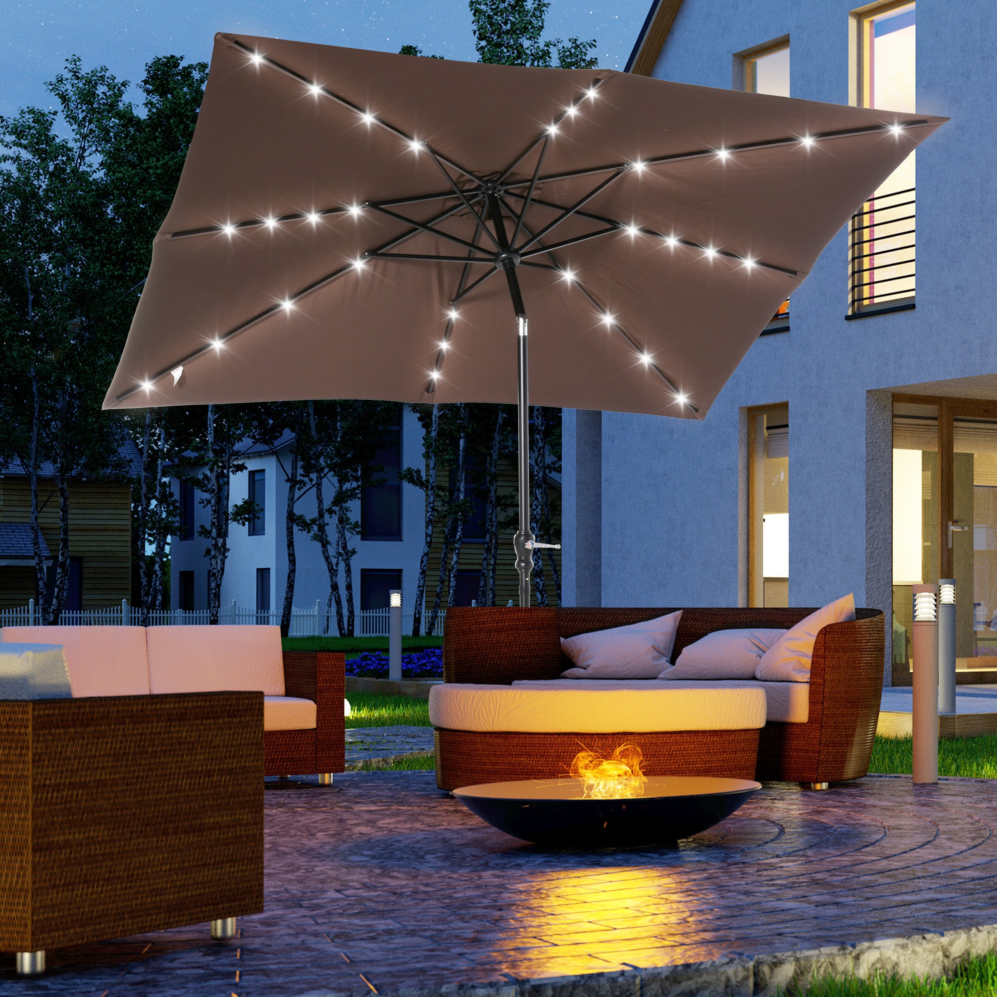 9 ft Solar LED Patio Umbrella with Tilt, Crank, and Vent – Outdoor Market Umbrella for Backyard, Deck, Pool
