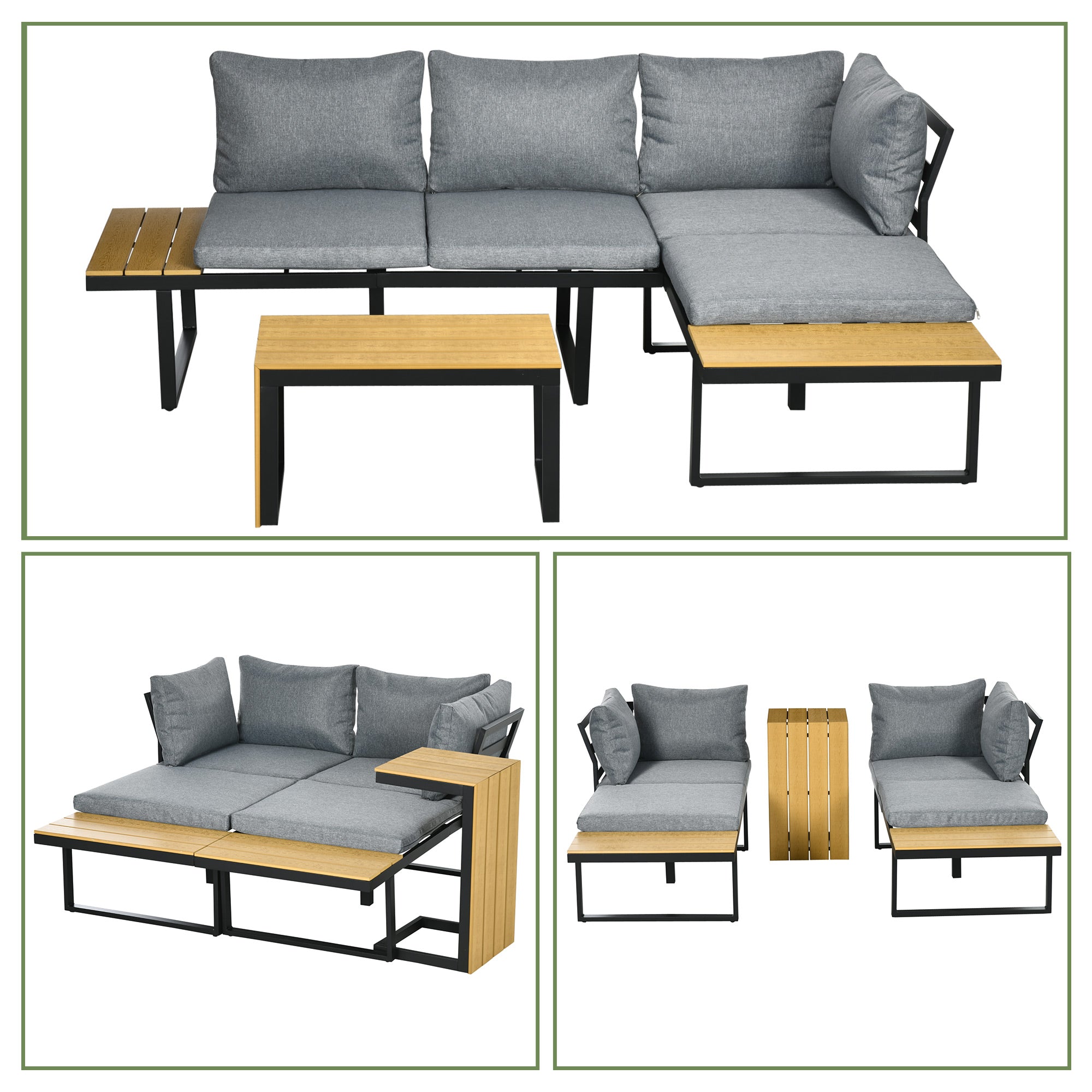 3-Piece Outdoor Aluminum Sectional Sofa Set with Chaise Lounge & Coffee Table