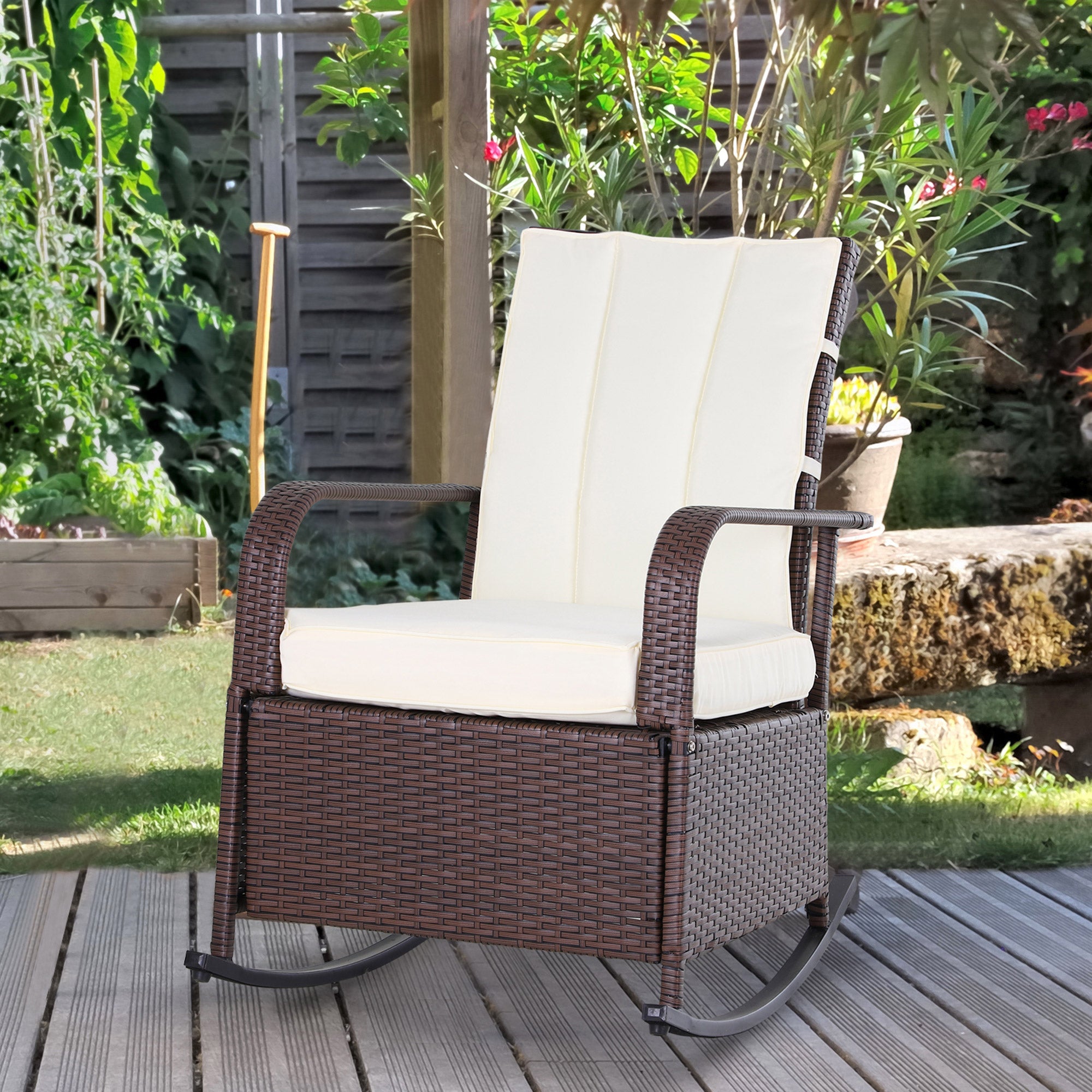 Outdoor Reclining Rattan Rocking Chair with Cushions – Adjustable Footrest, All-Weather PE Wicker