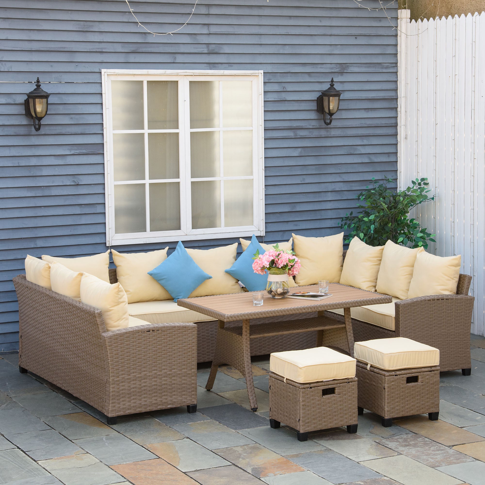 11-Piece Outdoor Sectional Sofa Set with Table & Ottomans