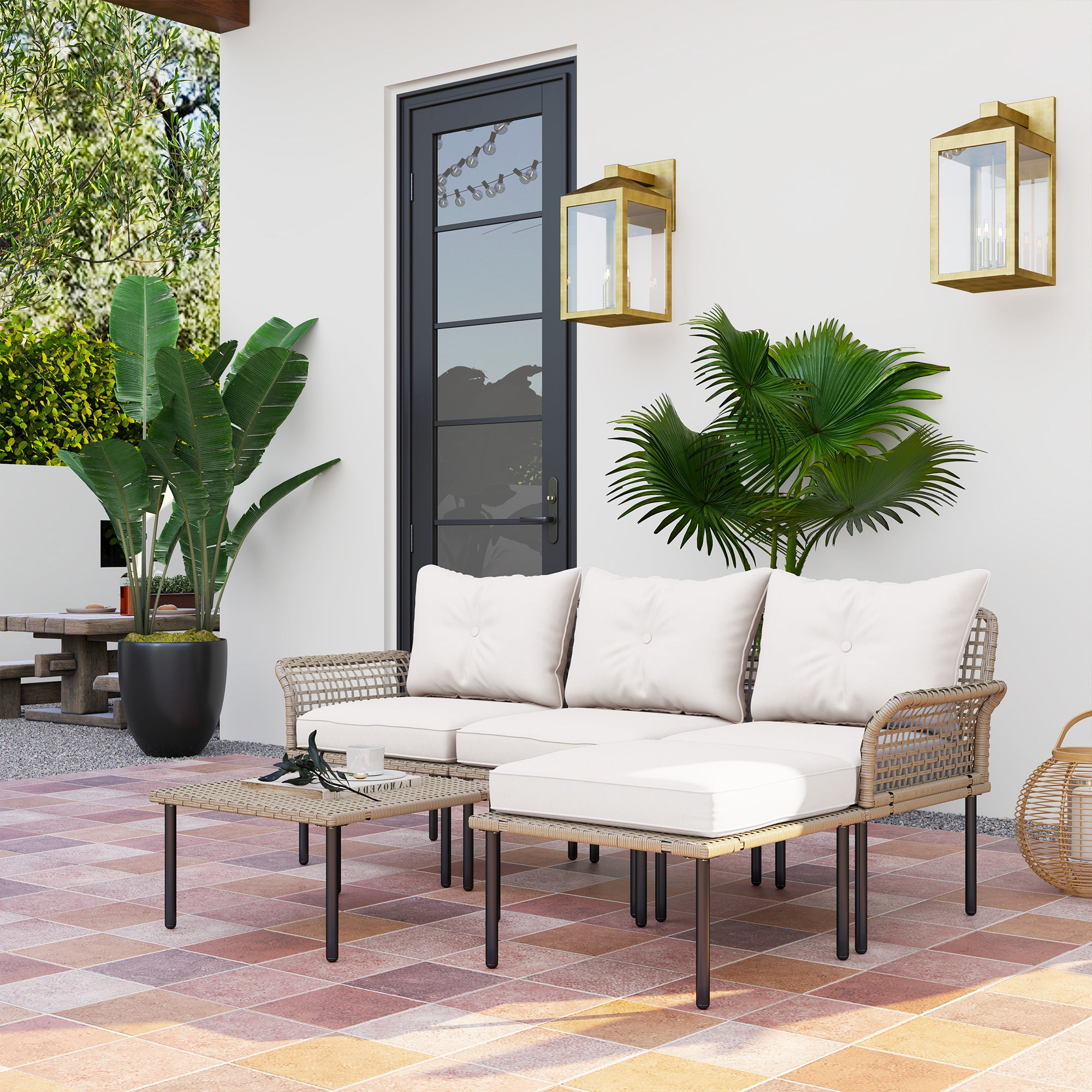 5-Piece Modular PE Rattan Patio Sectional Set with Cushions & Coffee Table