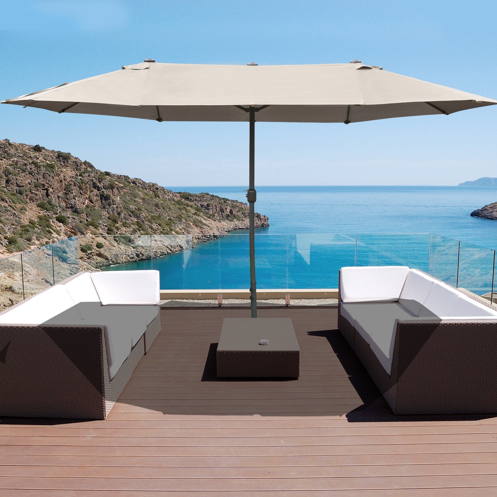 15 ft Extra-Large Double-Sided Patio Umbrella with Cross Base – UV-Resistant Outdoor Market Umbrella with Crank