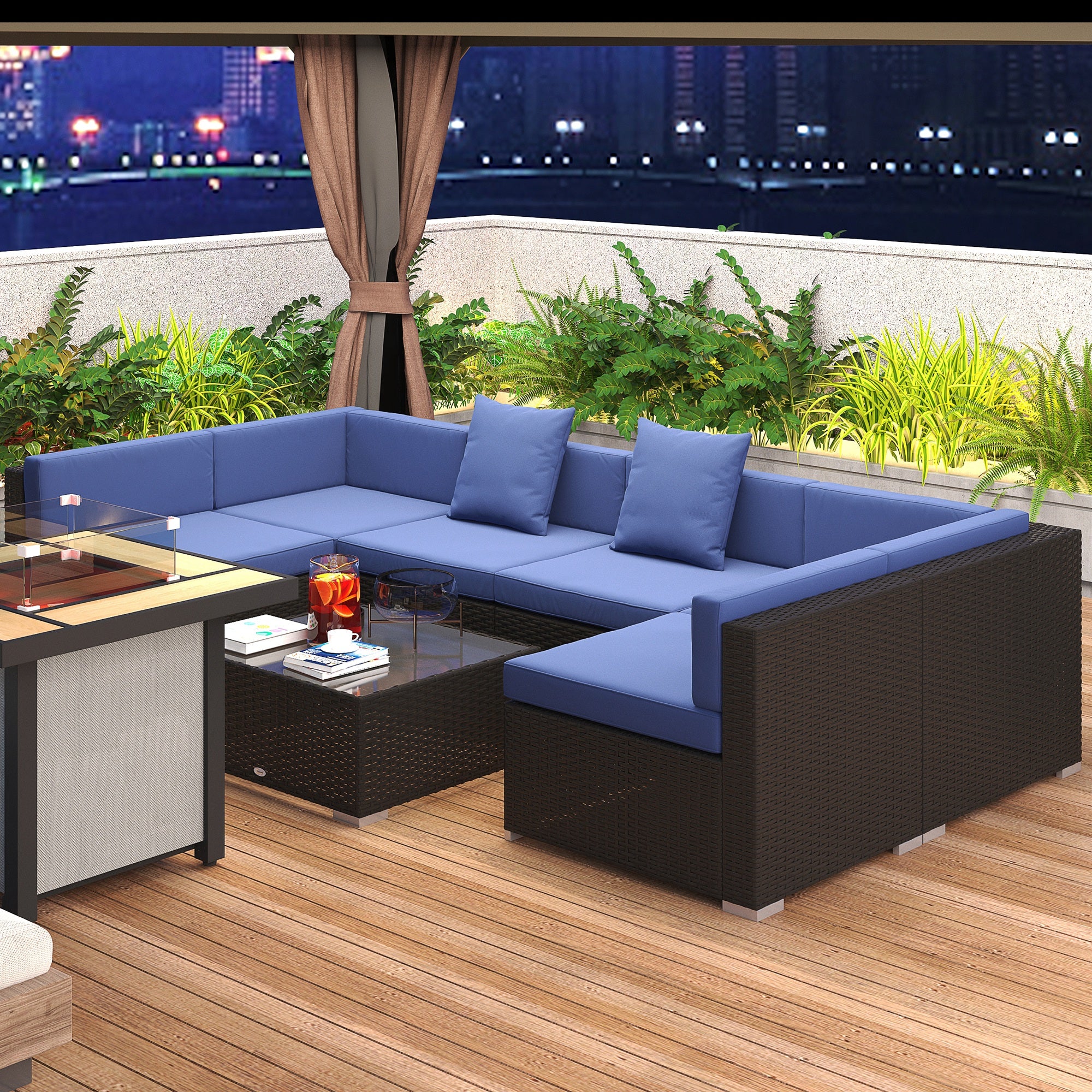 7-Piece Rattan Outdoor Sectional Sofa Set – Modular Patio Seating with Cushions & Glass Coffee Table