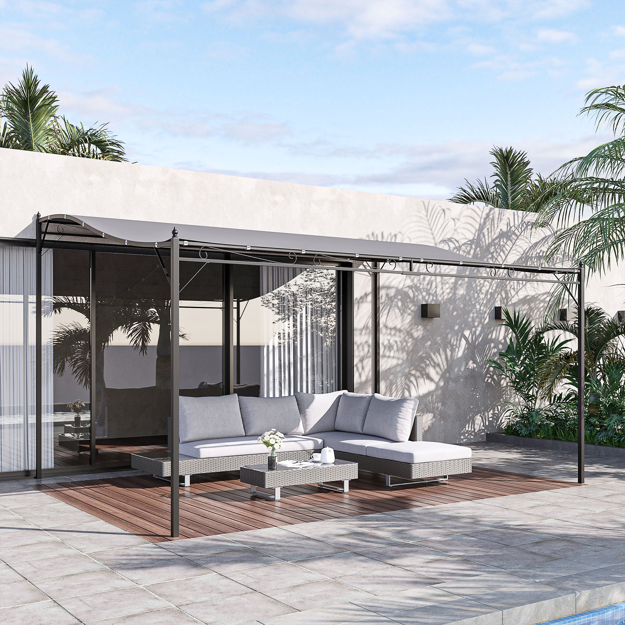 13' x 10' Wall-Mounted Patio Pergola with Canopy – European-Inspired Outdoor Shade