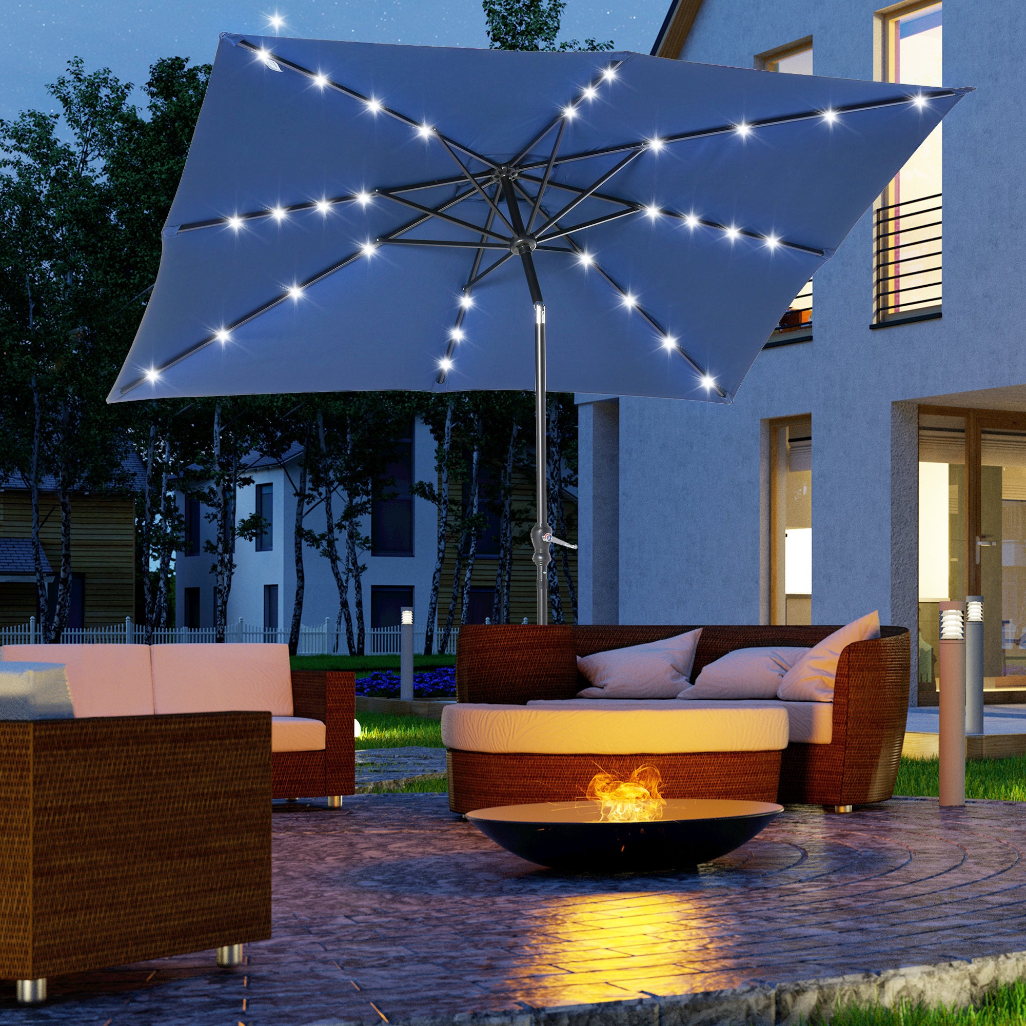 9 ft Solar LED Patio Umbrella with Tilt, Crank, and Vent – Outdoor Market Umbrella for Backyard, Deck, Pool