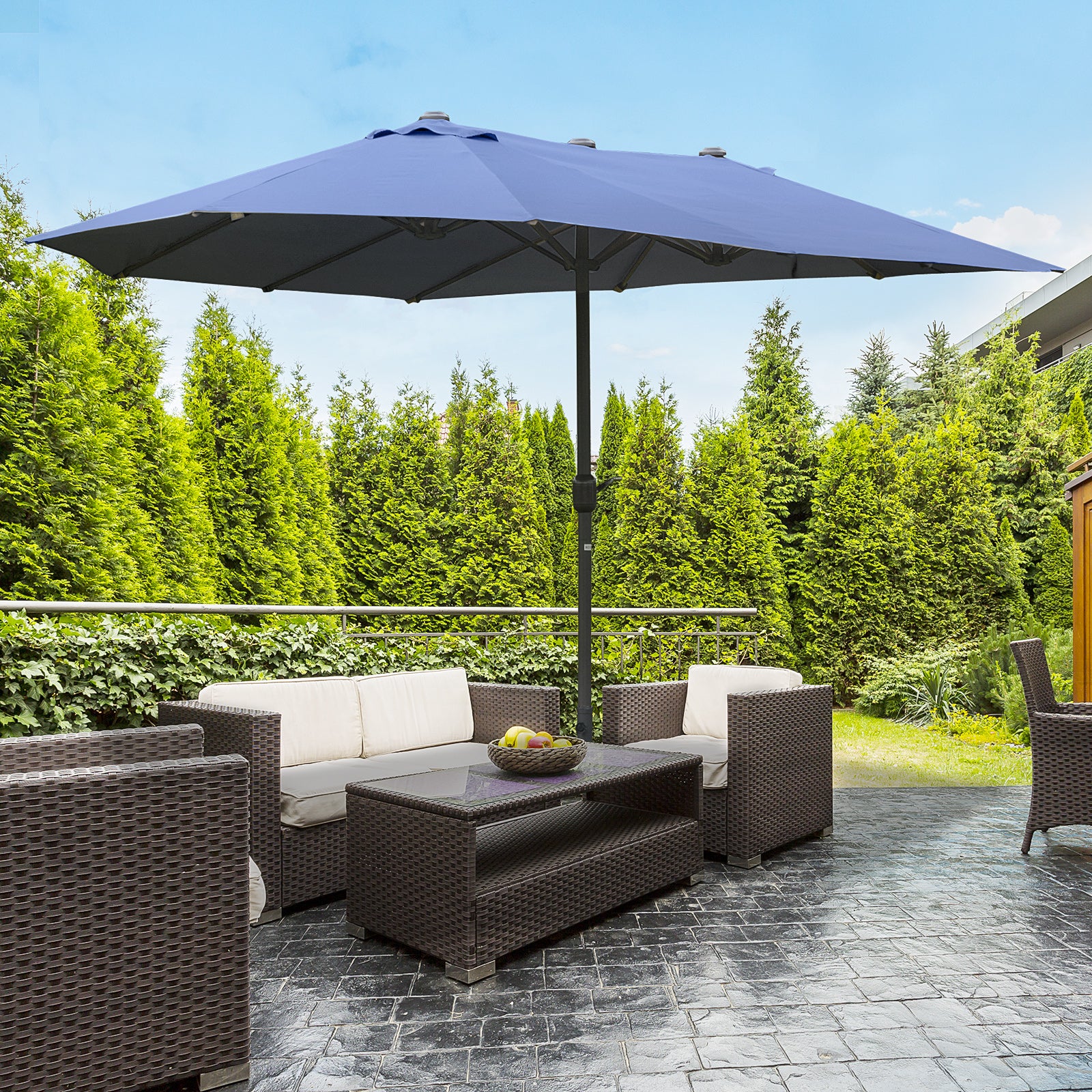 15 ft Extra-Large Double-Sided Patio Umbrella with Cross Base – UV-Resistant Outdoor Market Umbrella with Crank