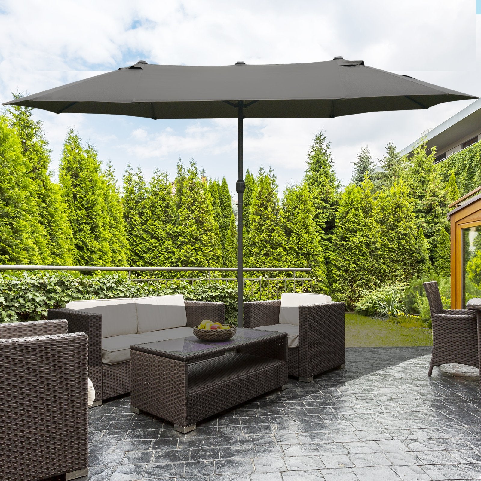 15 ft Extra-Large Double-Sided Patio Umbrella with Cross Base – UV-Resistant Outdoor Market Umbrella with Crank