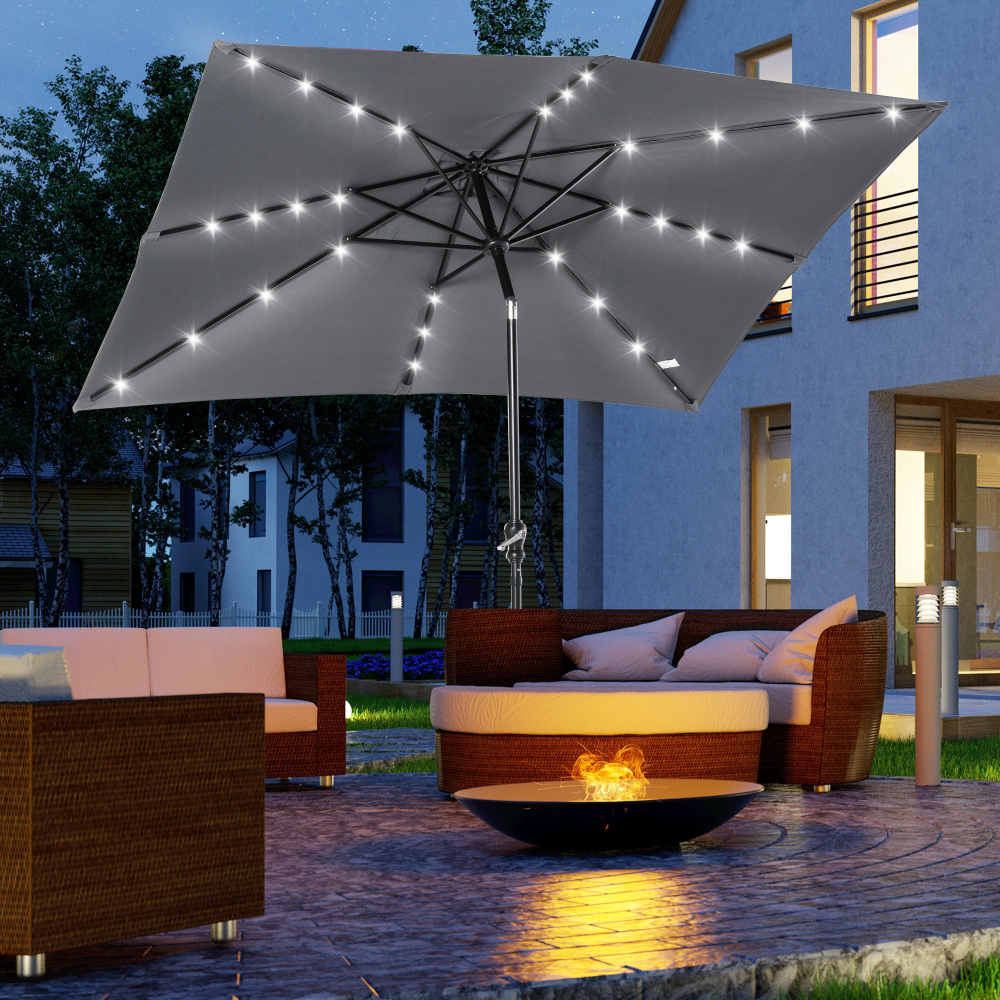 9 ft Solar LED Patio Umbrella with Tilt, Crank, and Vent – Outdoor Market Umbrella for Backyard, Deck, Pool