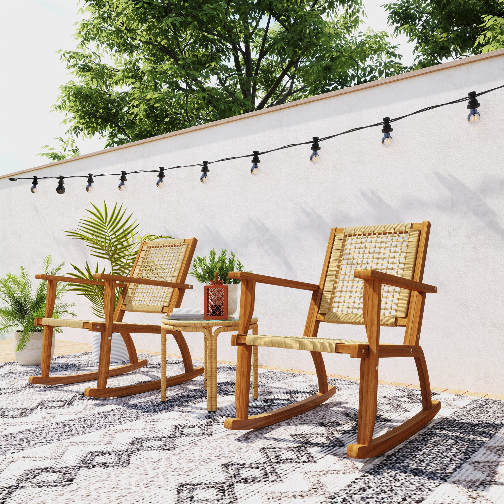 2-Piece Acacia Wood Outdoor Rocking Chair Set with Wicker Back and Seat