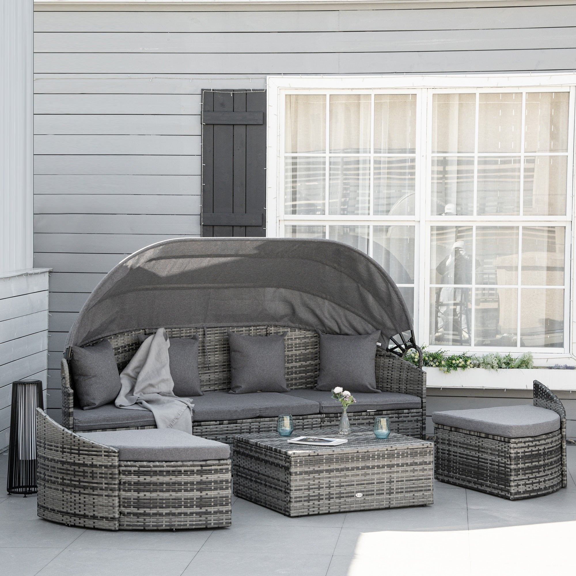 4-Piece Outdoor Convertible Daybed with Retractable Canopy – Rattan Patio Sectional Sofa Set with Cushions