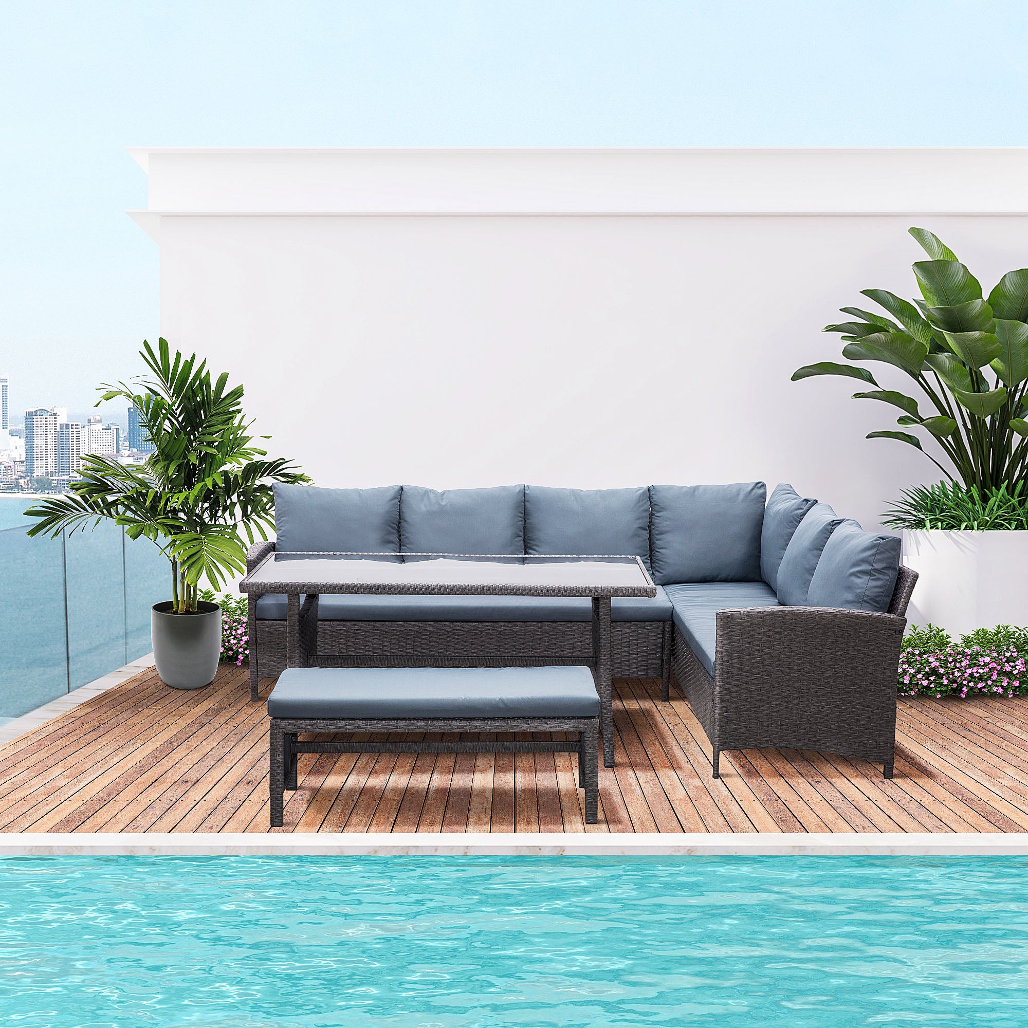 4-Piece Outdoor Rattan Patio Sofa Set – Dining Lounge with Cushions & Glass Table