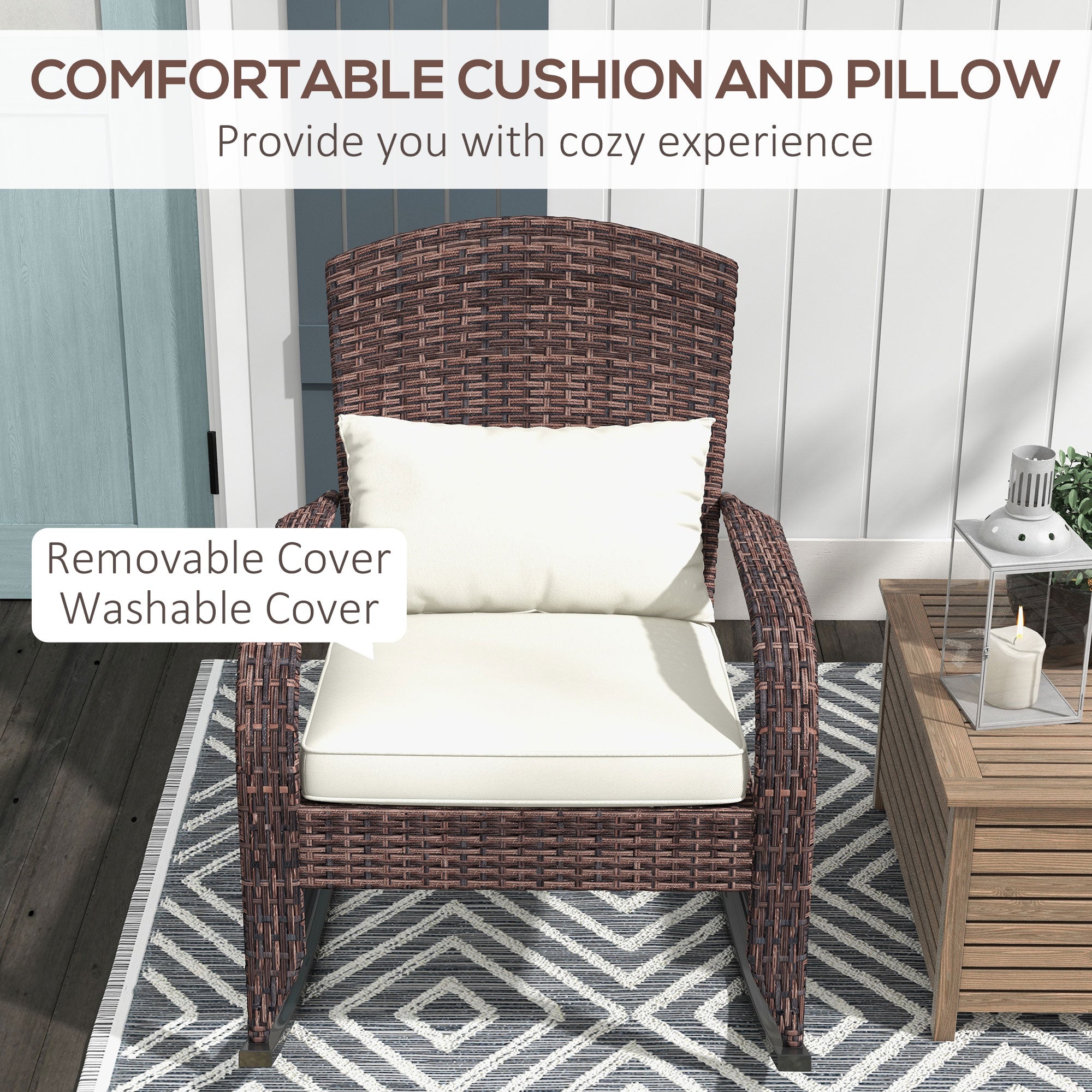 PE Rattan Adirondack Rocking Chair – Handwoven Wicker Style with Cushions