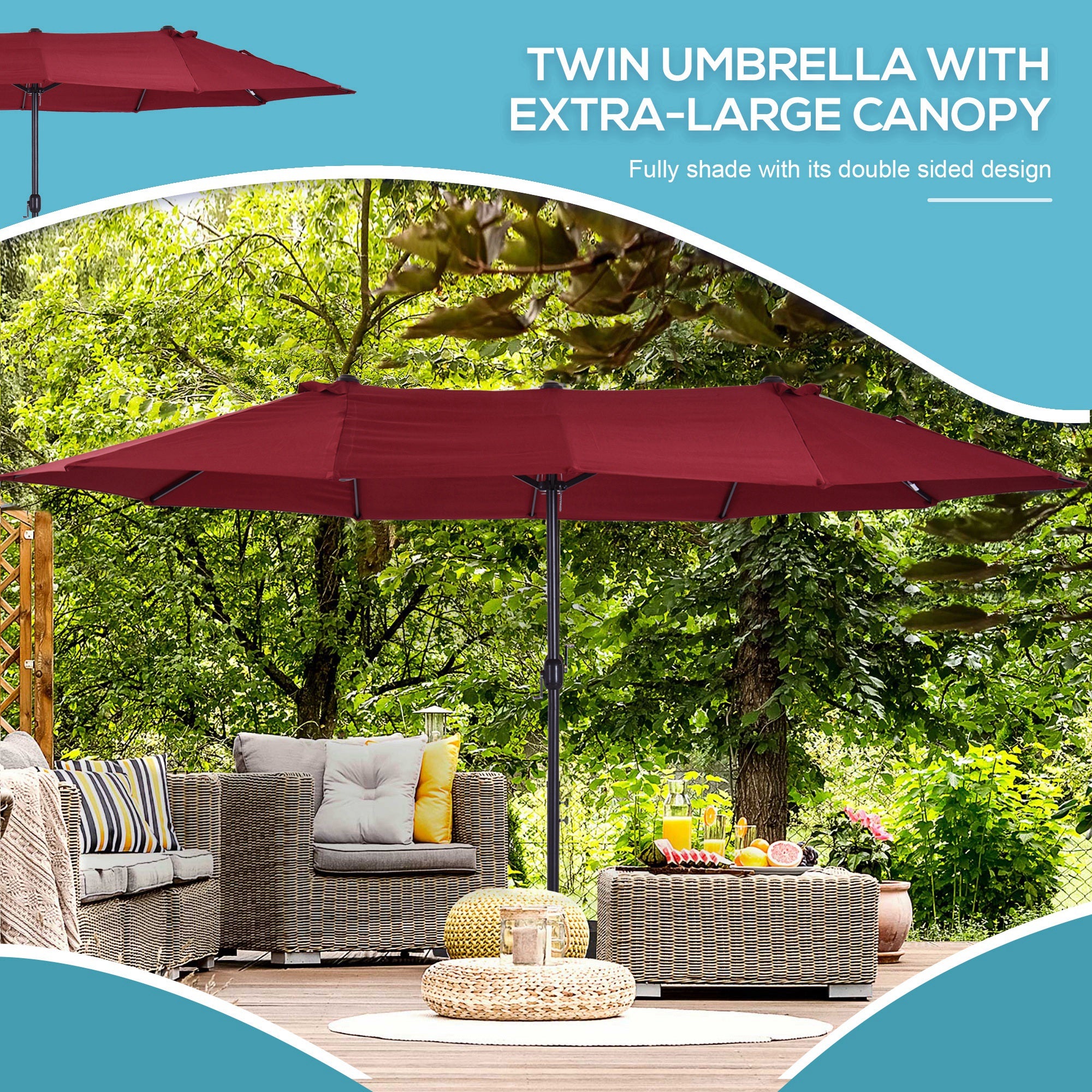 15ft Double-Sided Market Umbrella – Extra-Large Outdoor Patio Umbrella with Crank Lift – UV-Resistant Fabric for Poolside, Garden, or Deck