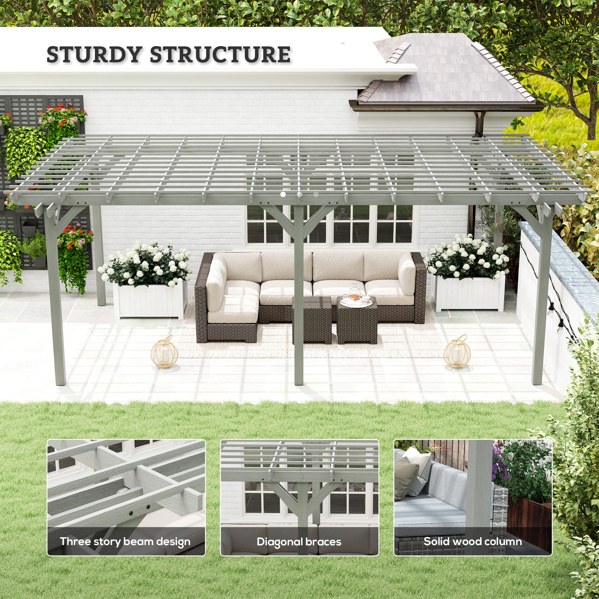 20' x 12' Wooden Garden Pergola with Open Roof and Plant Support