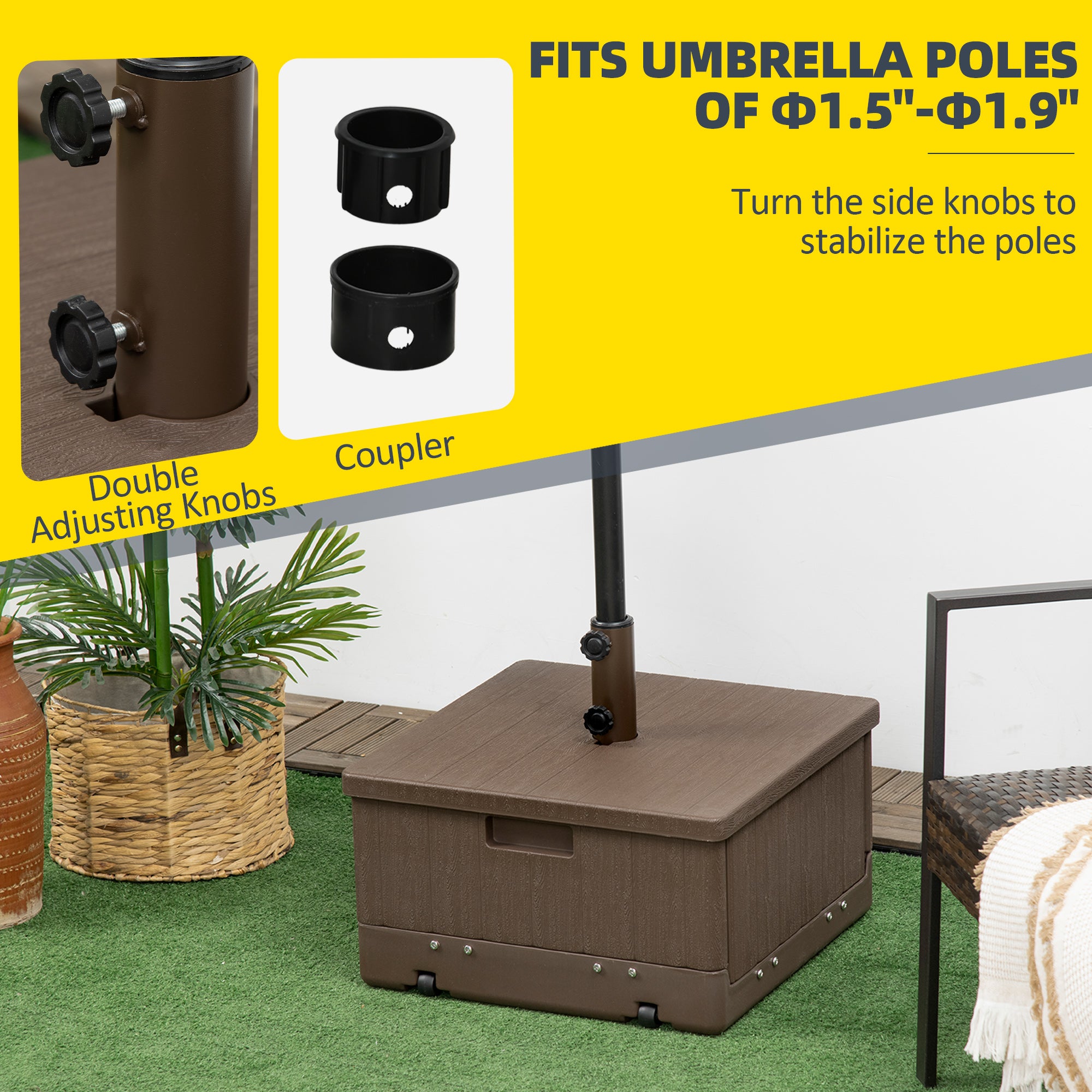 Fillable Patio Umbrella Base with Adjustable Table Tray – Heavy-Duty Outdoor Umbrella Stand with Wheels – Fits 1.5"/1.9" Poles