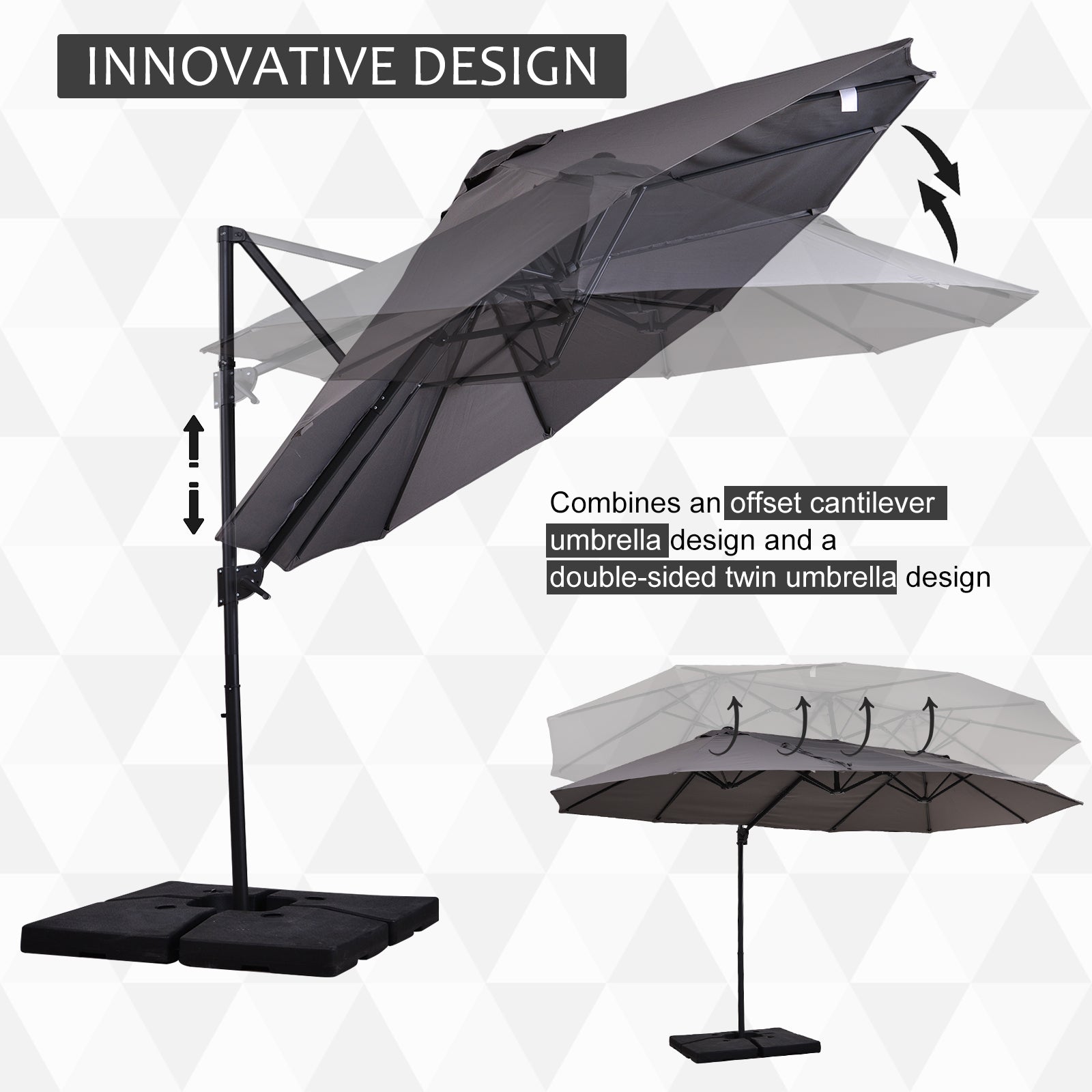 14.4 ft Double-Sided Offset Patio Umbrella with Crank Lift – Outdoor Cantilever Sun Shade for Patio, Deck, Garden, or Pool
