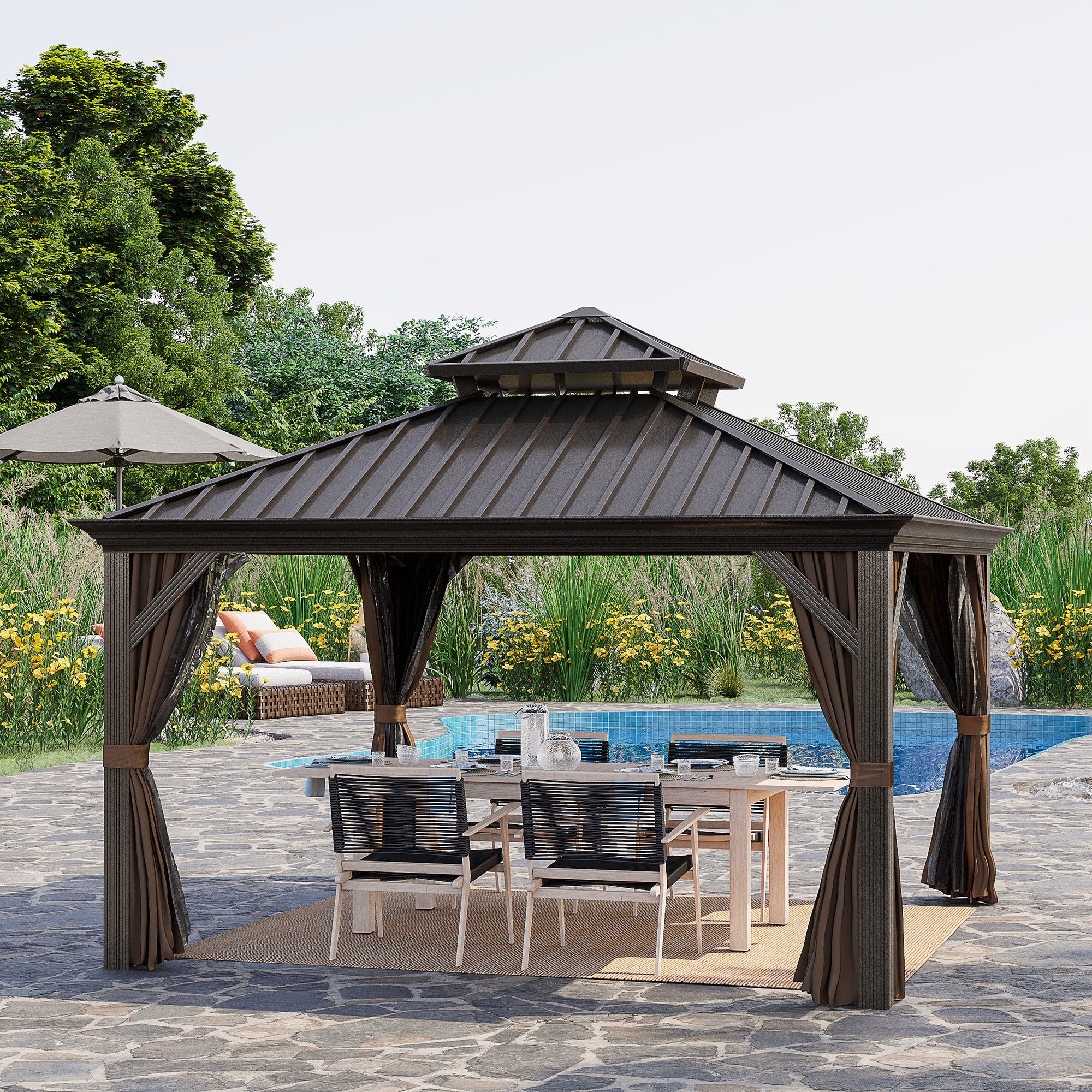 Hardtop Aluminum Gazebo with Curtains & Mesh Netting