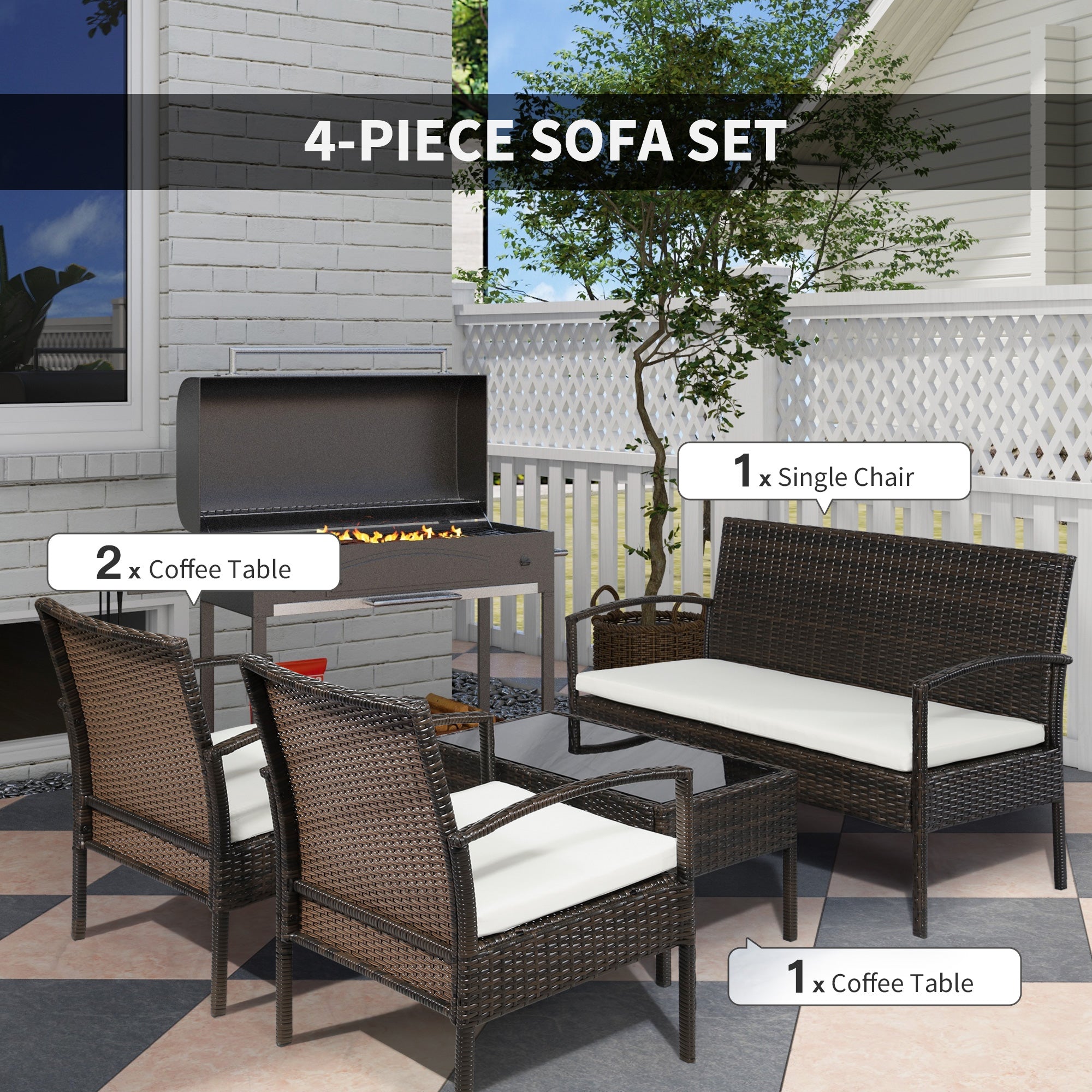 4-Piece PE Rattan Outdoor Furniture Set with Cushions & Coffee Table