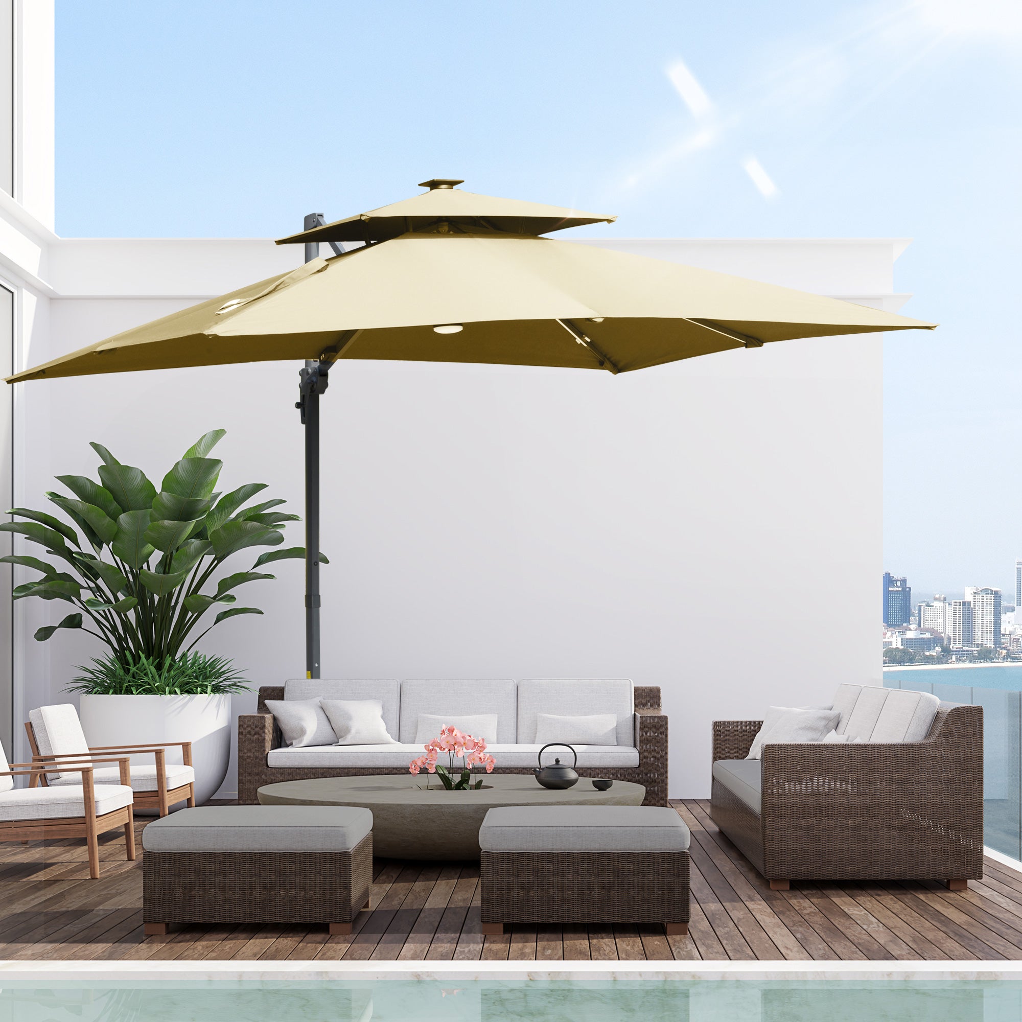 10 ft Cantilever Patio Umbrella with 360° Rotation – Outdoor Offset Umbrella with Crank Lift, Tilt, and Ventilated Double Canopy