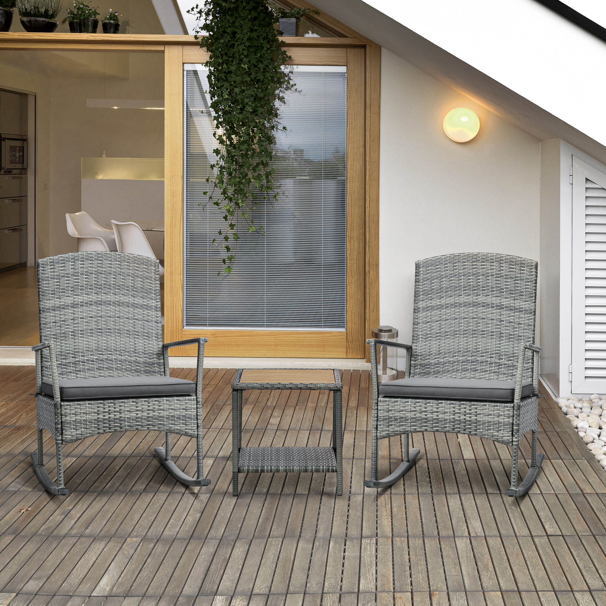 3-Piece Outdoor Rocking Chair Set with Cushions & Wood-Top Coffee Table
