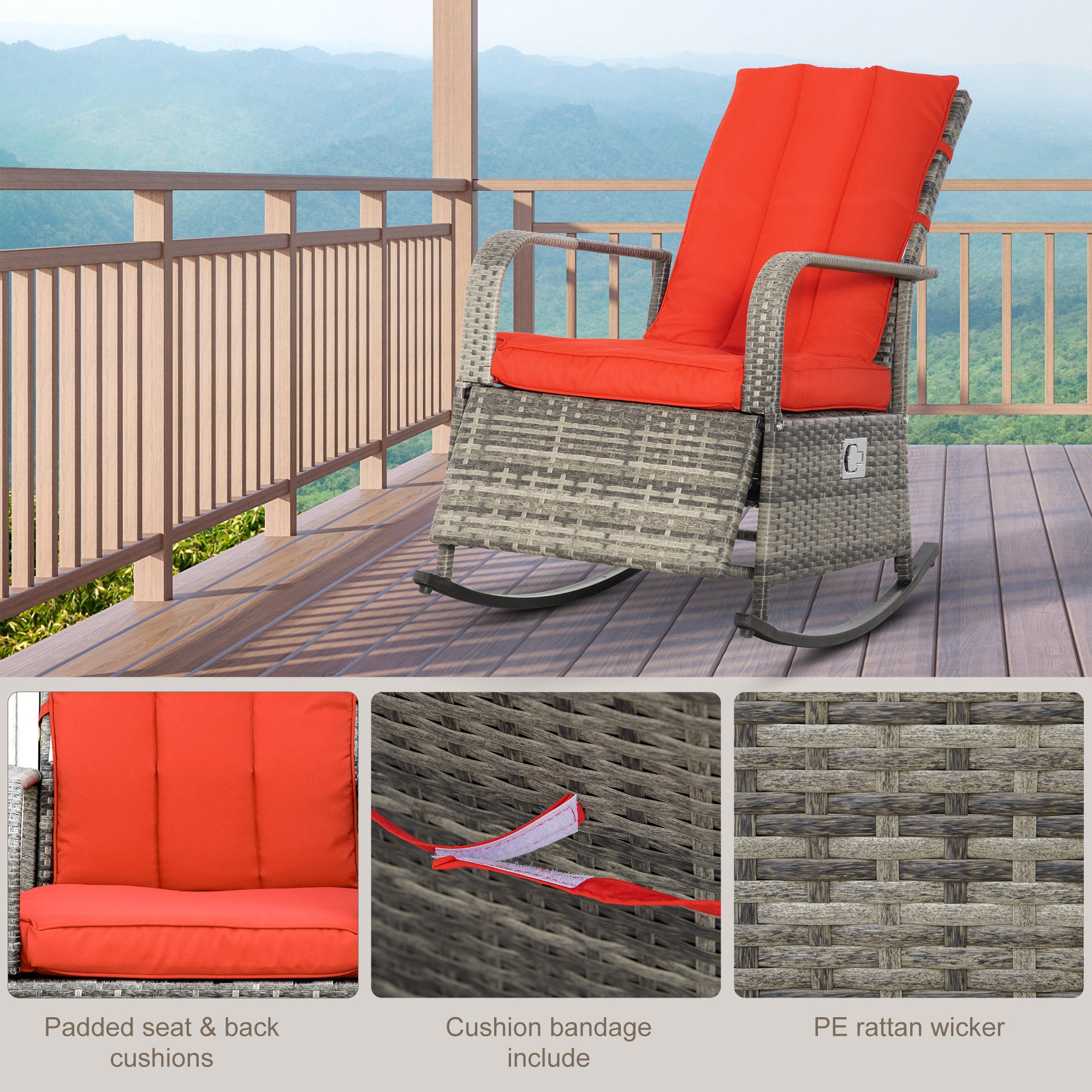 Outdoor Reclining Rattan Rocking Chair with Cushions – Adjustable Footrest, All-Weather PE Wicker