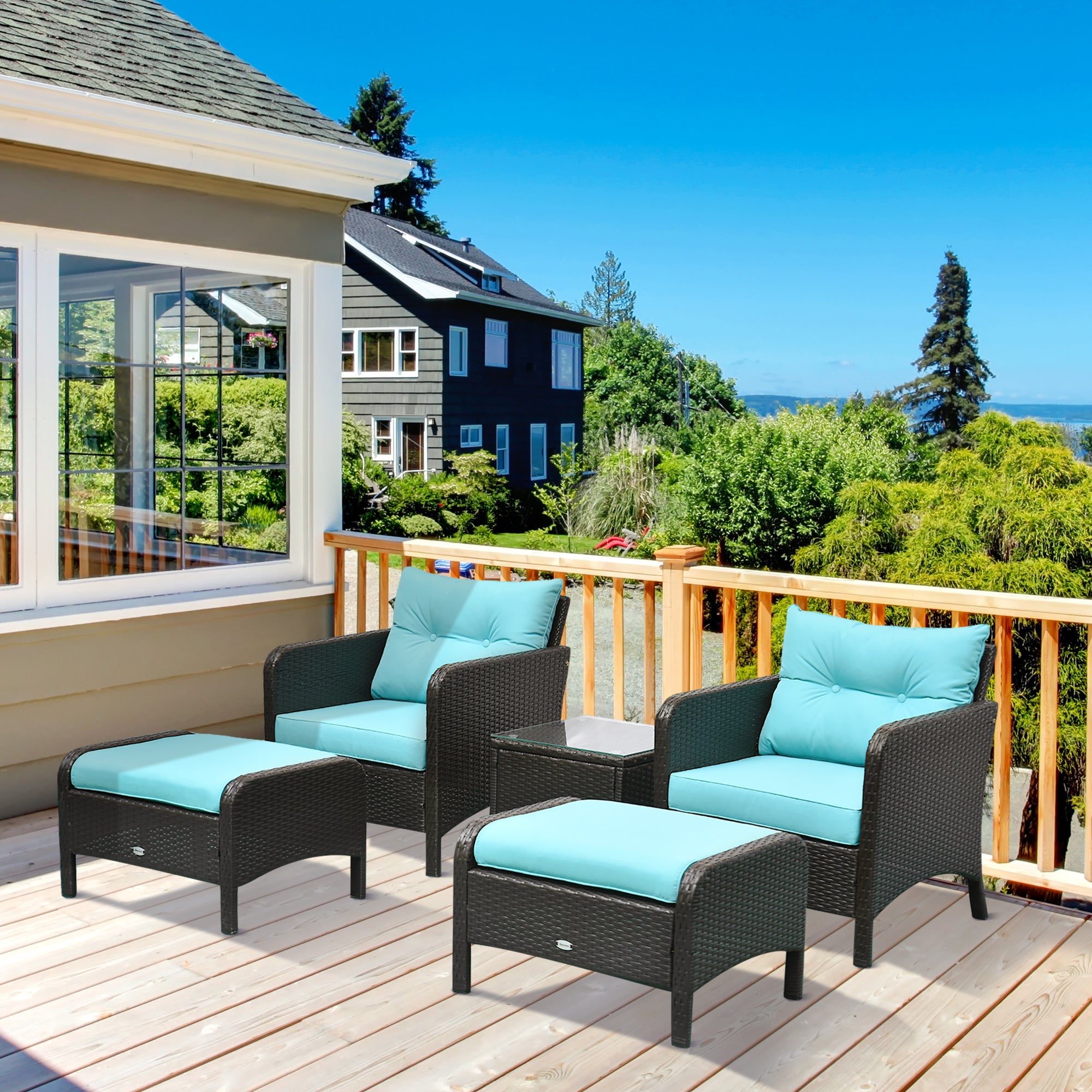 5-Piece Outdoor Rattan Conversation Set – Patio Armchairs with Ottomans, Cushions & Coffee Table