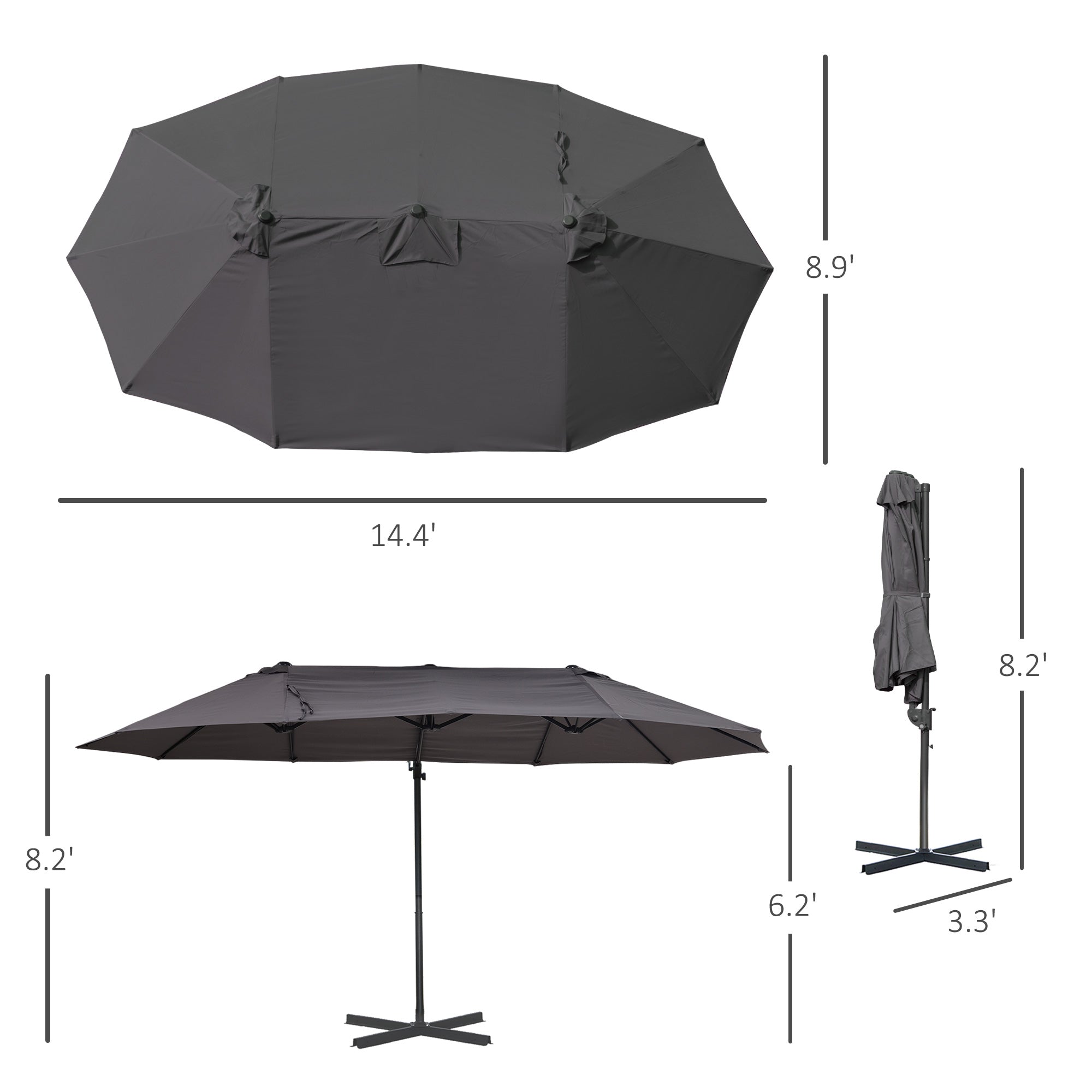 14.4 ft Double-Sided Offset Patio Umbrella with Crank Lift – Outdoor Cantilever Sun Shade for Patio, Deck, Garden, or Pool