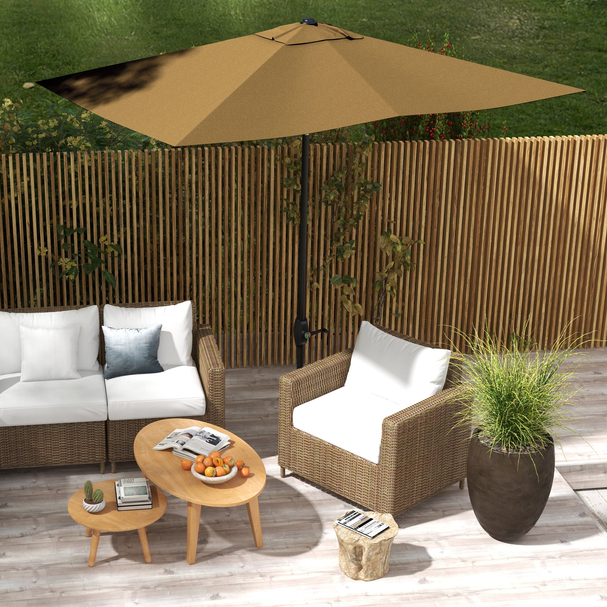 UV-Resistant Tilting Patio Umbrella – 9.5 ft Wide, Crank Lift, Outdoor Market Parasol