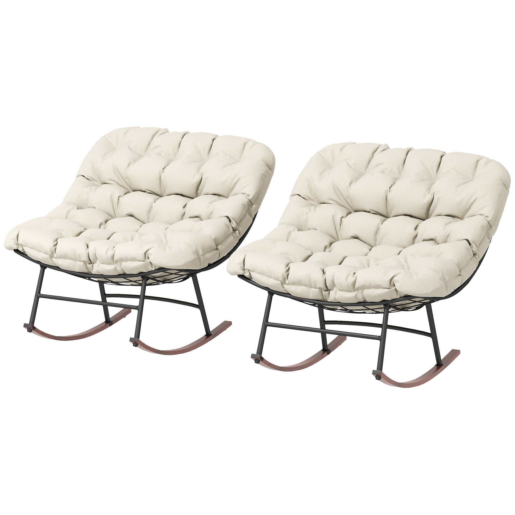 2-Piece Modern Outdoor Papasan Rocking Chair Set with Cushions – Steel Frame with Woodgrain Finish