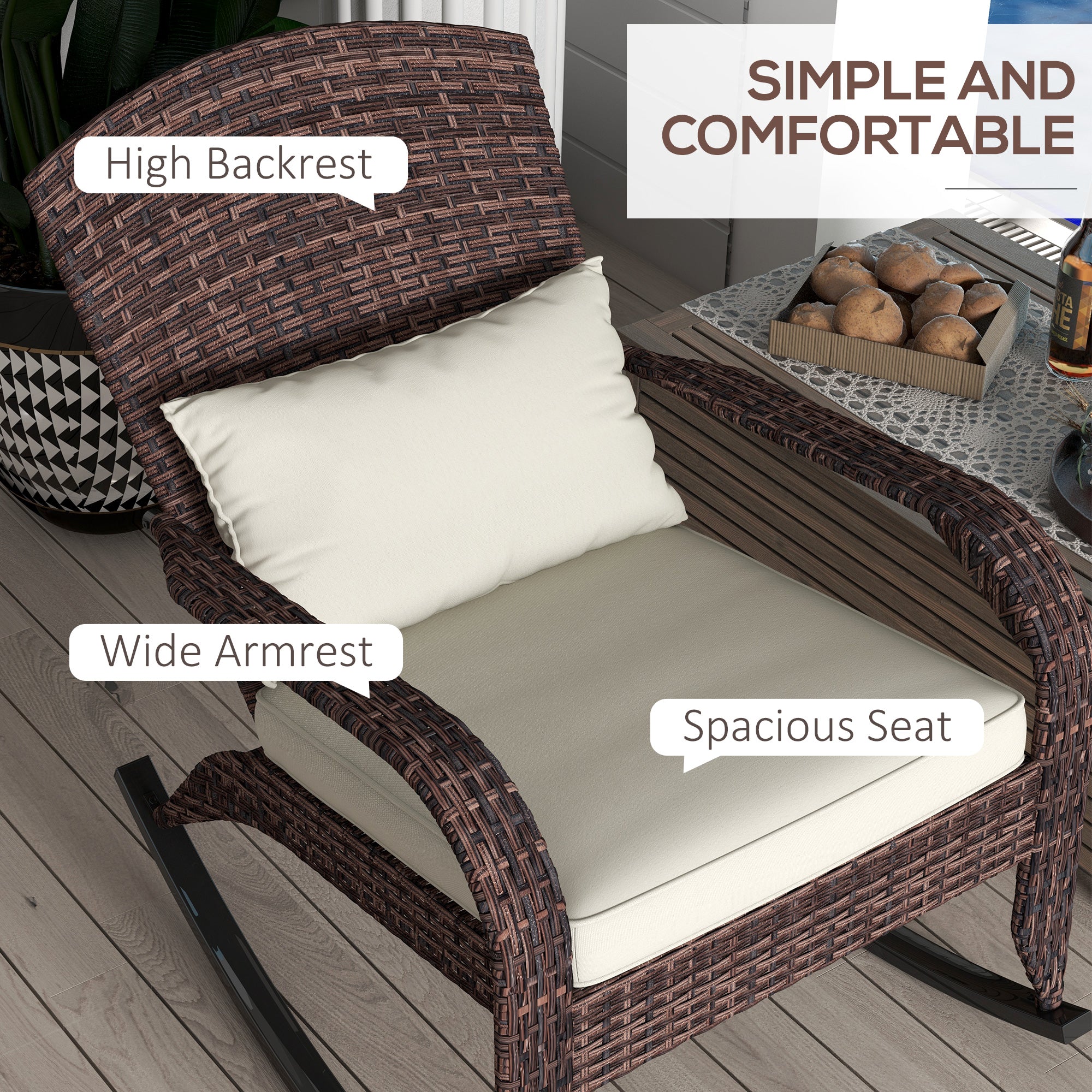 PE Rattan Adirondack Rocking Chair – Handwoven Wicker Style with Cushions