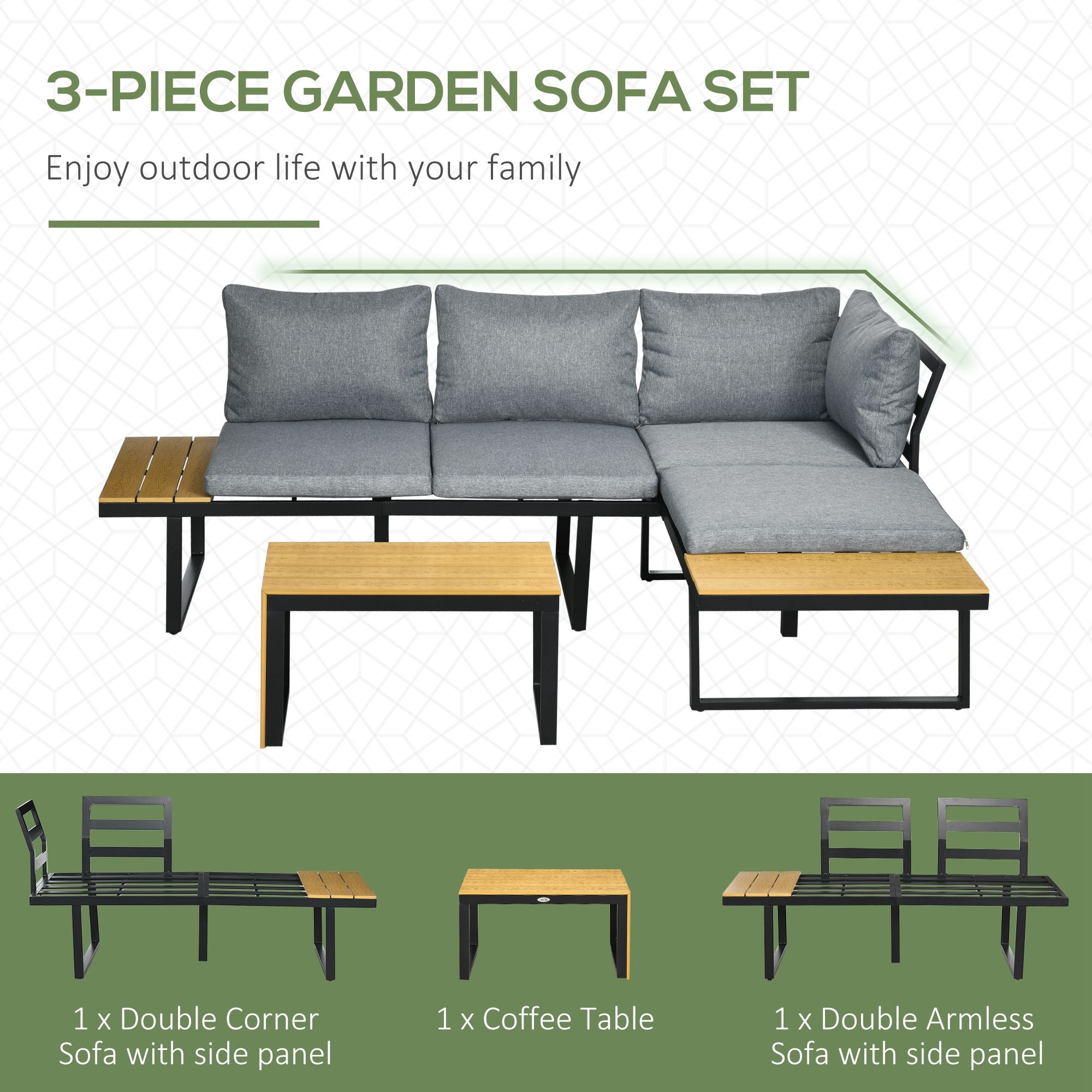 3-Piece Outdoor Aluminum Sectional Sofa Set with Chaise Lounge & Coffee Table