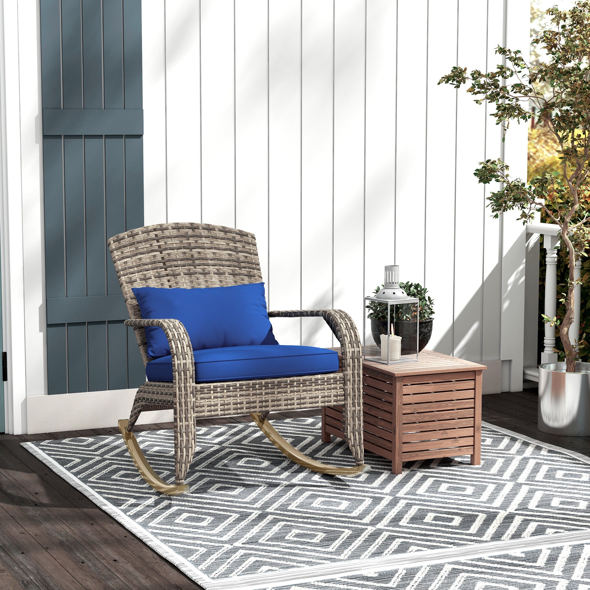 PE Rattan Adirondack Rocking Chair – Handwoven Wicker Style with Cushions