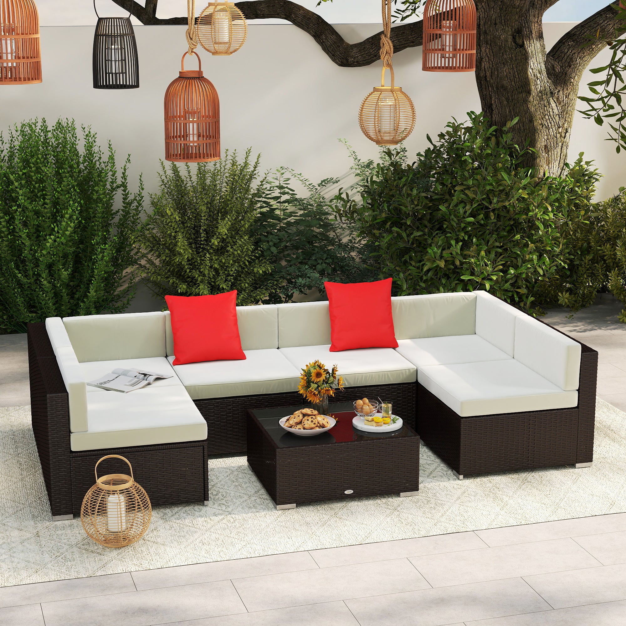 7-Piece Rattan Outdoor Sectional Sofa Set – Modular Patio Seating with Cushions & Glass Coffee Table