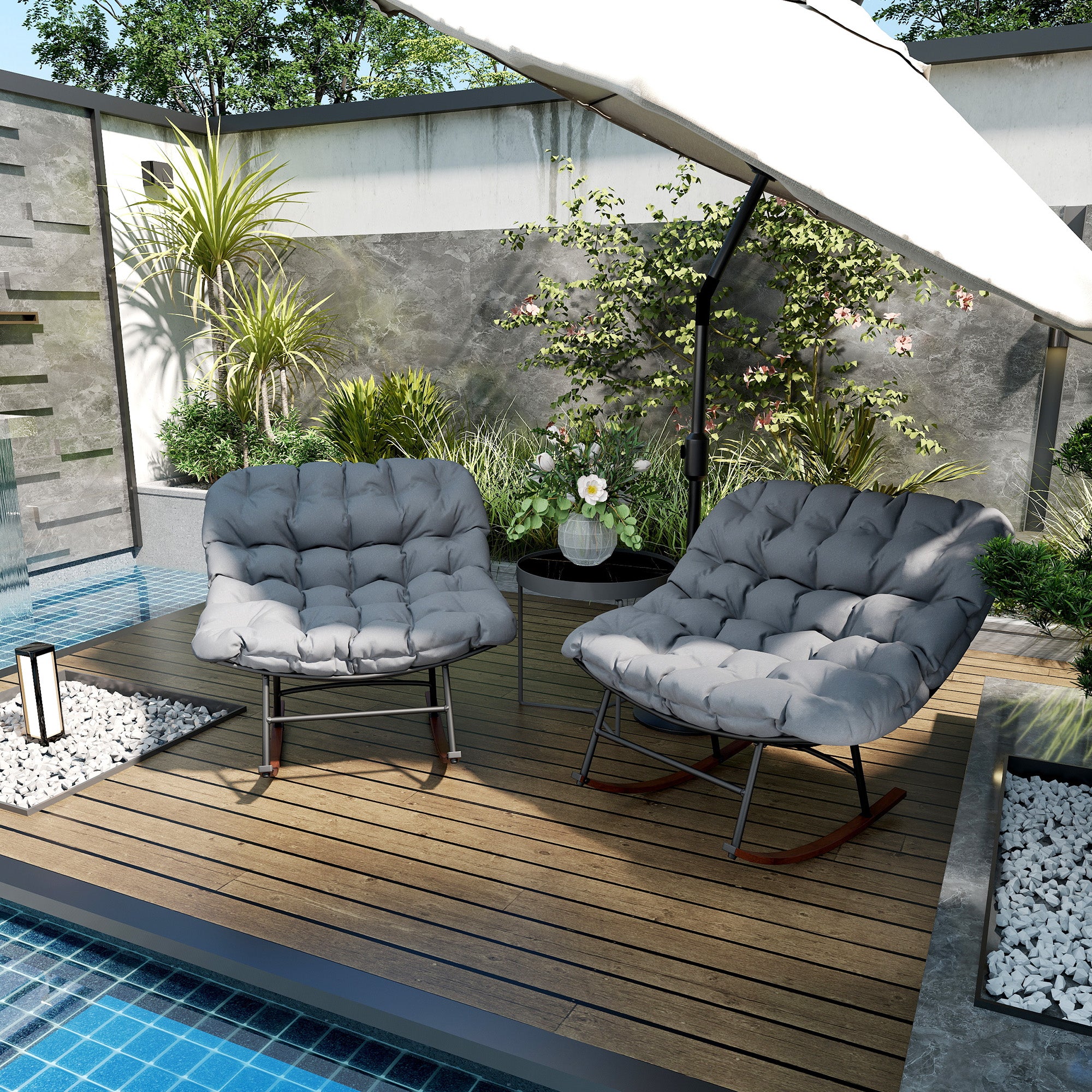2-Piece Modern Outdoor Papasan Rocking Chair Set with Cushions – Steel Frame with Woodgrain Finish