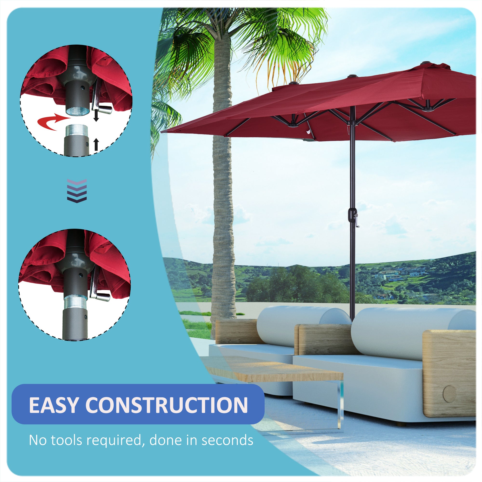 15ft Double-Sided Market Umbrella – Extra-Large Outdoor Patio Umbrella with Crank Lift – UV-Resistant Fabric for Poolside, Garden, or Deck
