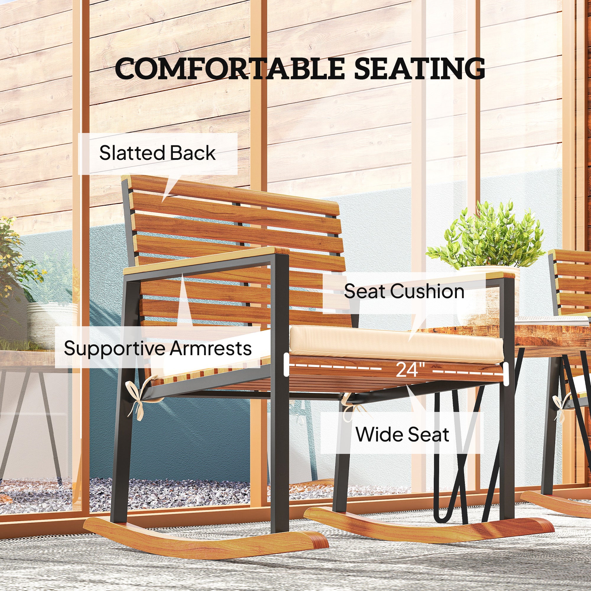 2-Piece Acacia Wood Outdoor Rocking Chair Set with Cushions