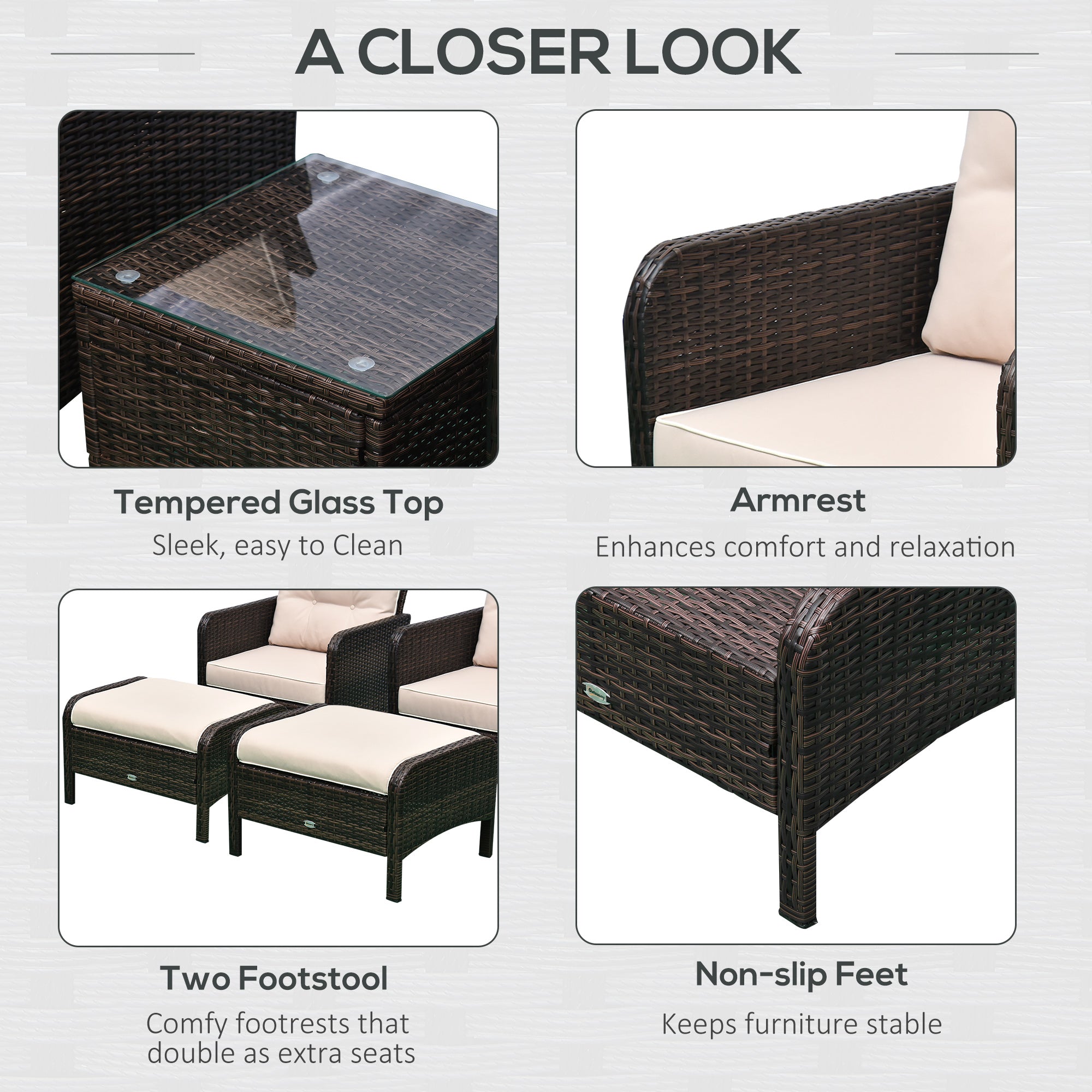 5-Piece Outdoor Rattan Conversation Set – Patio Armchairs with Ottomans, Cushions & Coffee Table