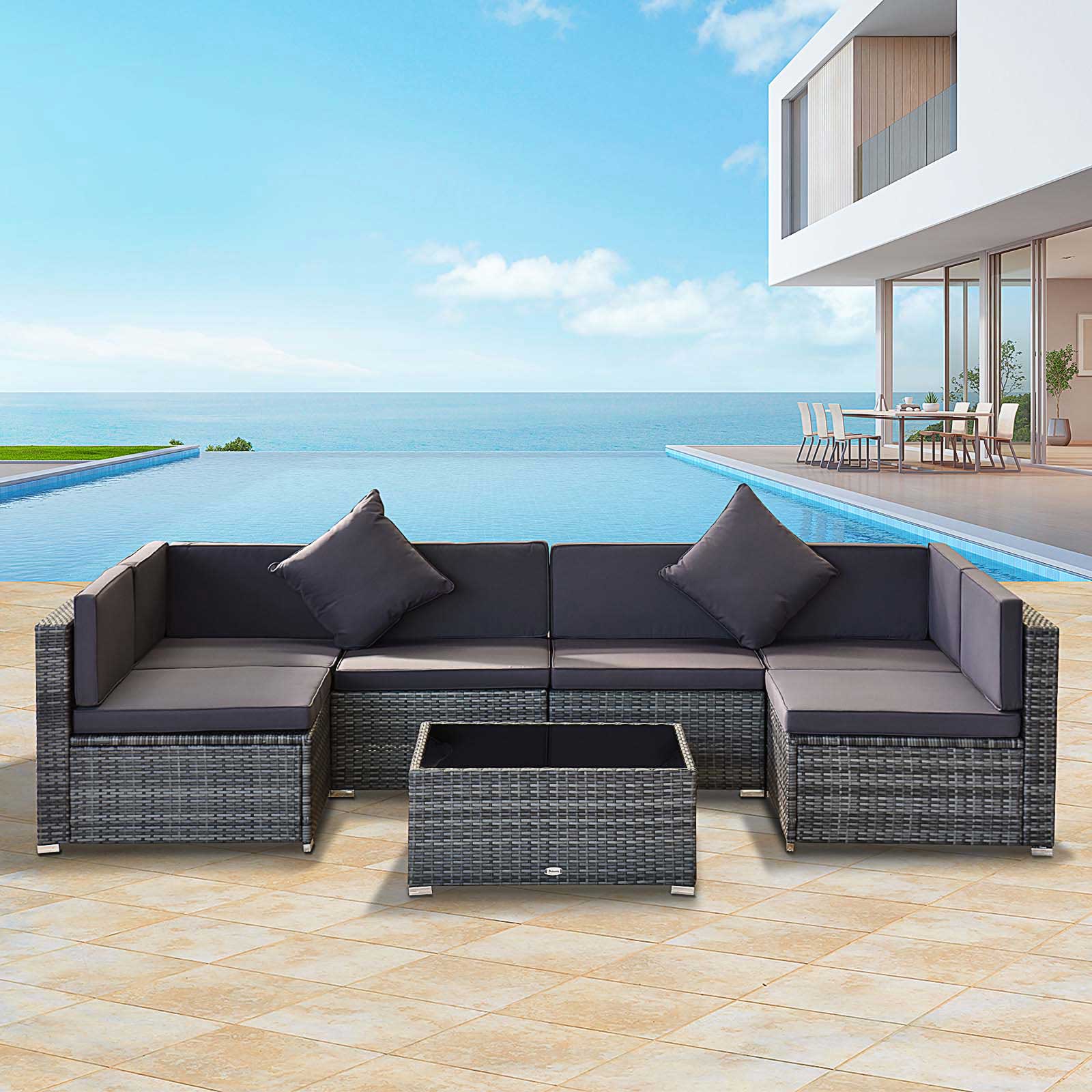 7-Piece Rattan Outdoor Sectional Sofa Set – Modular Patio Seating with Cushions & Glass Coffee Table