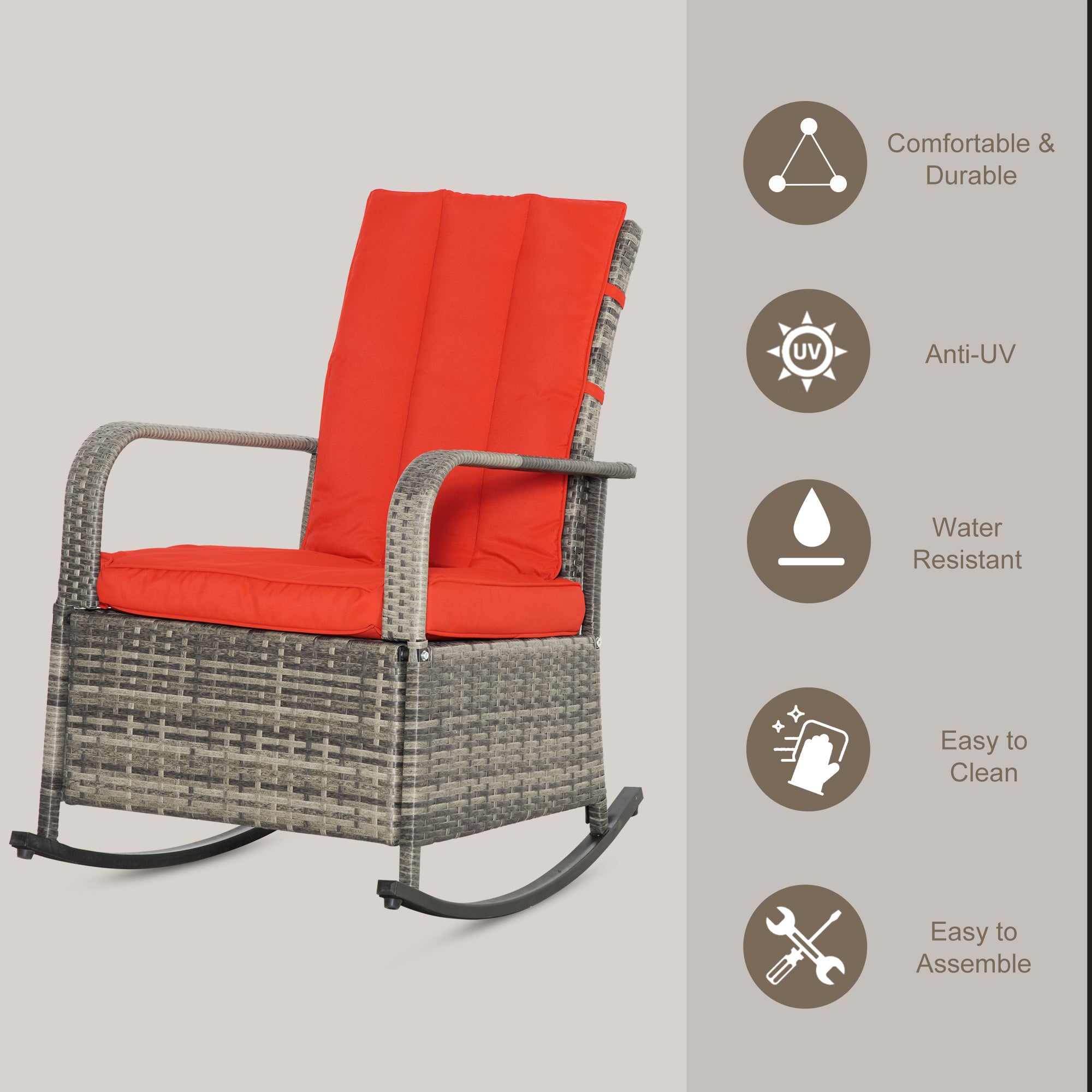 Outdoor Reclining Rattan Rocking Chair with Cushions – Adjustable Footrest, All-Weather PE Wicker